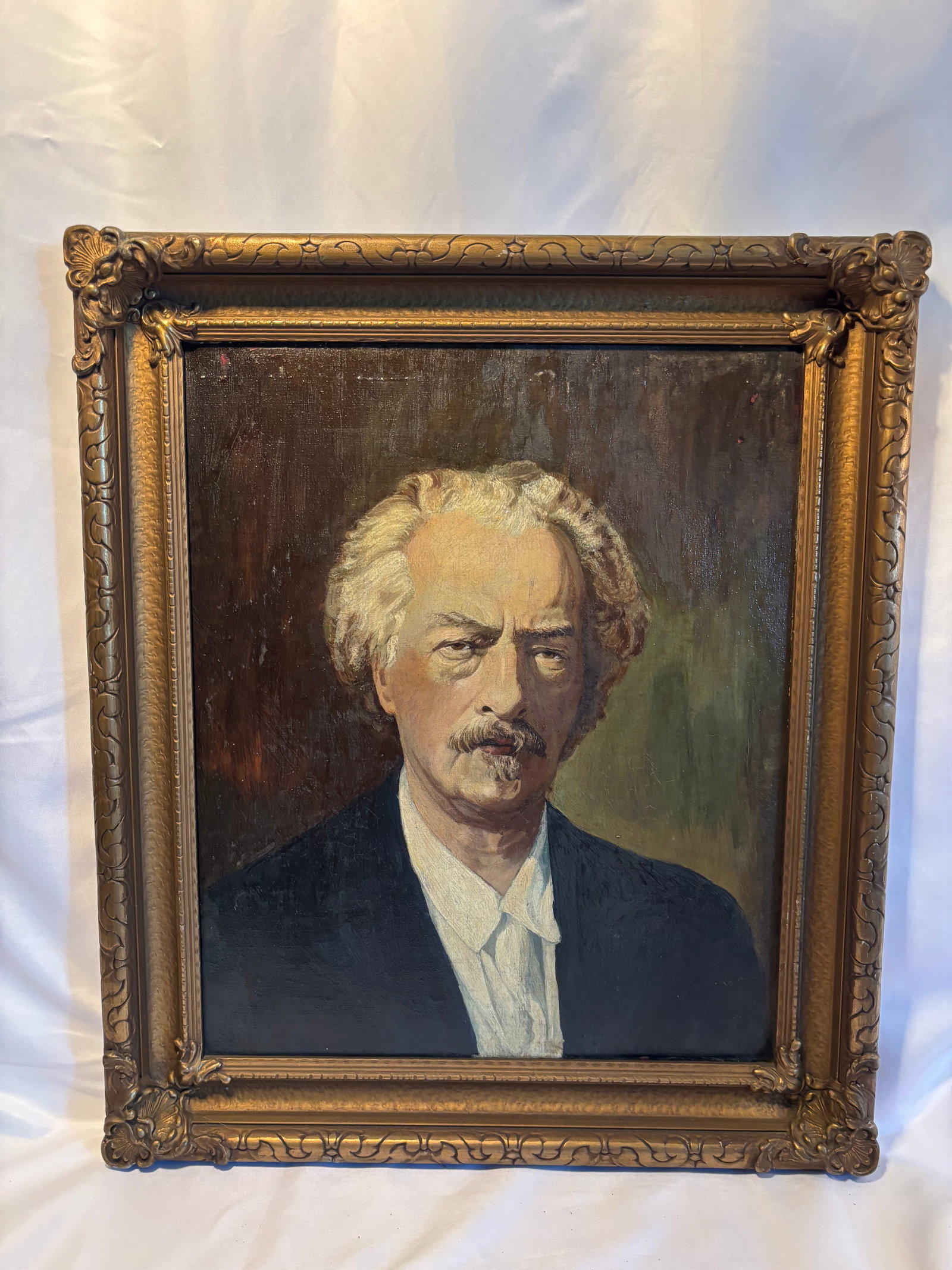 Continental School (Early 20th Century) "Portrait of Ignacy Jan Paderewski," signed Wall: An engaging early 20th-century Continental School portrait painting capturing the distinctive visage of Ignacy Jan Paderewski (1860–1941), the world-renowned Polish virtuoso pianist, composer, and s