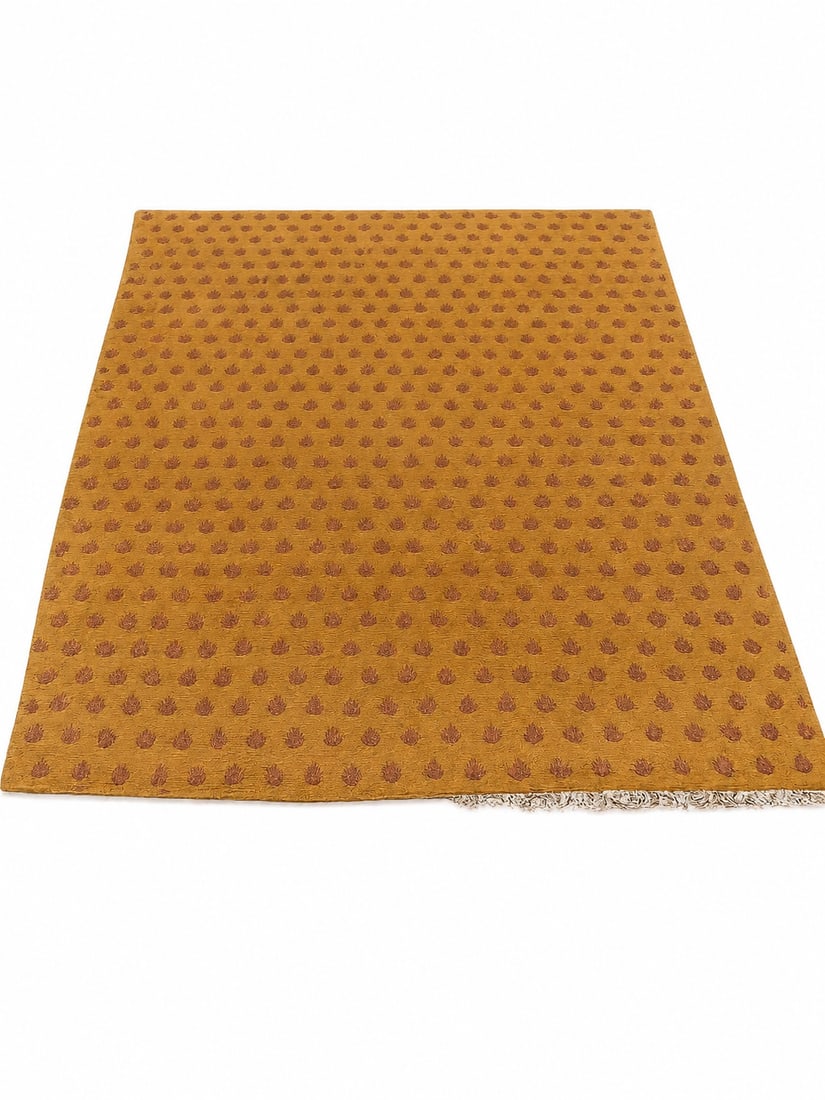 Antique Chinese Ningxia Golden Wool Rug with Repeating Lotus Motifs: An antique hand-knotted Chinese Ningxia wool rug featuring a golden-yellow field decorated throughout with repeating purple lotus-bud motifs. Finished with white fringe at both ends. Size: 105 x 76 in