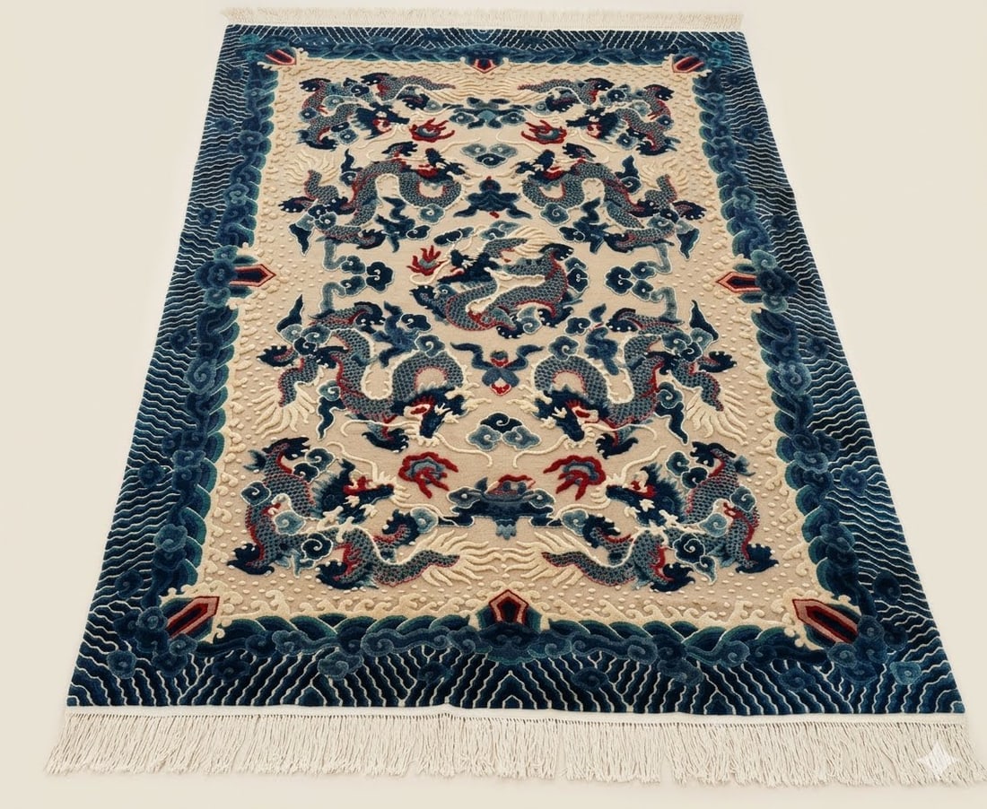 Chinese Imperial Nine-Dragon Hand-Knotted Carved-Pile Carpet, 118 × 73 in. late 19th to early 20th: A large Chinese Imperial-style hand-knotted carpet featuring nine five-clawed dragons pursuing flaming pearls amid stylized clouds and waves. Woven in rich shades of blue, ivory, beige, and red, with 