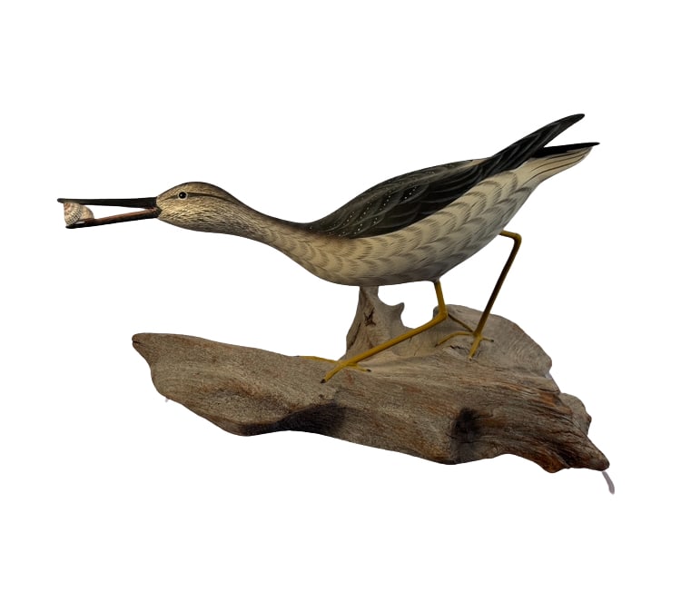Curtis W. Waterfield (Virginia, 1926–2017) Signed Greater Yellowlegs Shorebird Carving with Shell (1 of 11)