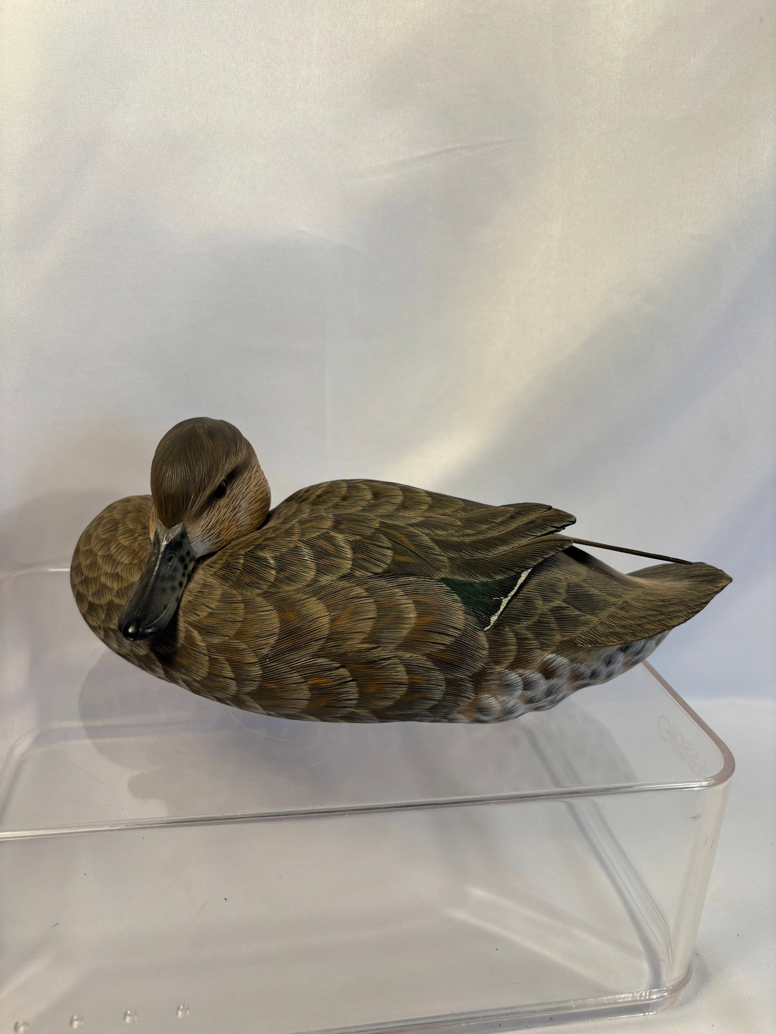 Jeffrey M. Moore Carved Green-Winged Teal Hen, 1994: Finely carved and hand-painted green-winged teal hen by Maryland waterfowl artist Jeffrey M. Moore (b. 1966) of Fowl Play Studios, Rising Sun, Maryland. Depicted in a resting pose with the head turned