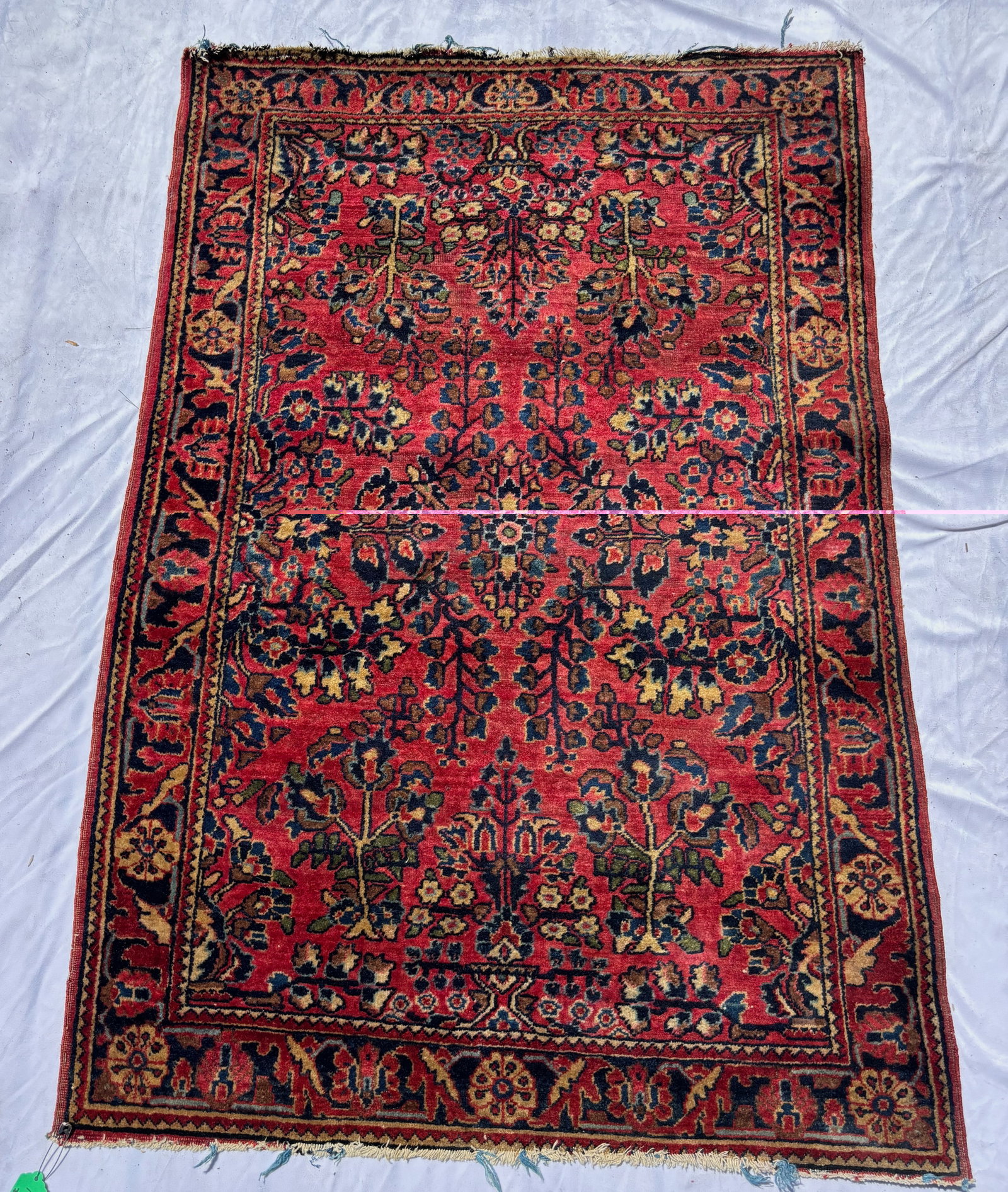 Antique Persian Sarouk-Style Hand-Knotted Wool Rug, 60 x 40 in.: Featuring an allover floral and scrolling vine design on a rich red field with multiple floral borders. The rug displays traditional Persian-inspired motifs in deep red, navy, ivory, and soft green to
