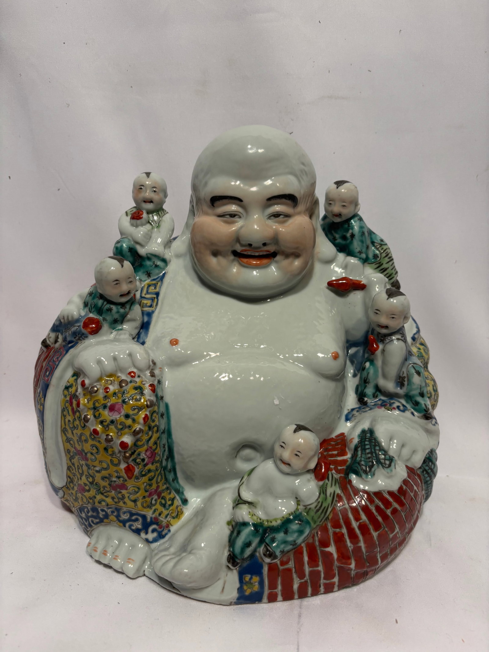 Large Chinese Famille Rose Porcelain Happy Buddha Figure with Five Children (1 of 8)