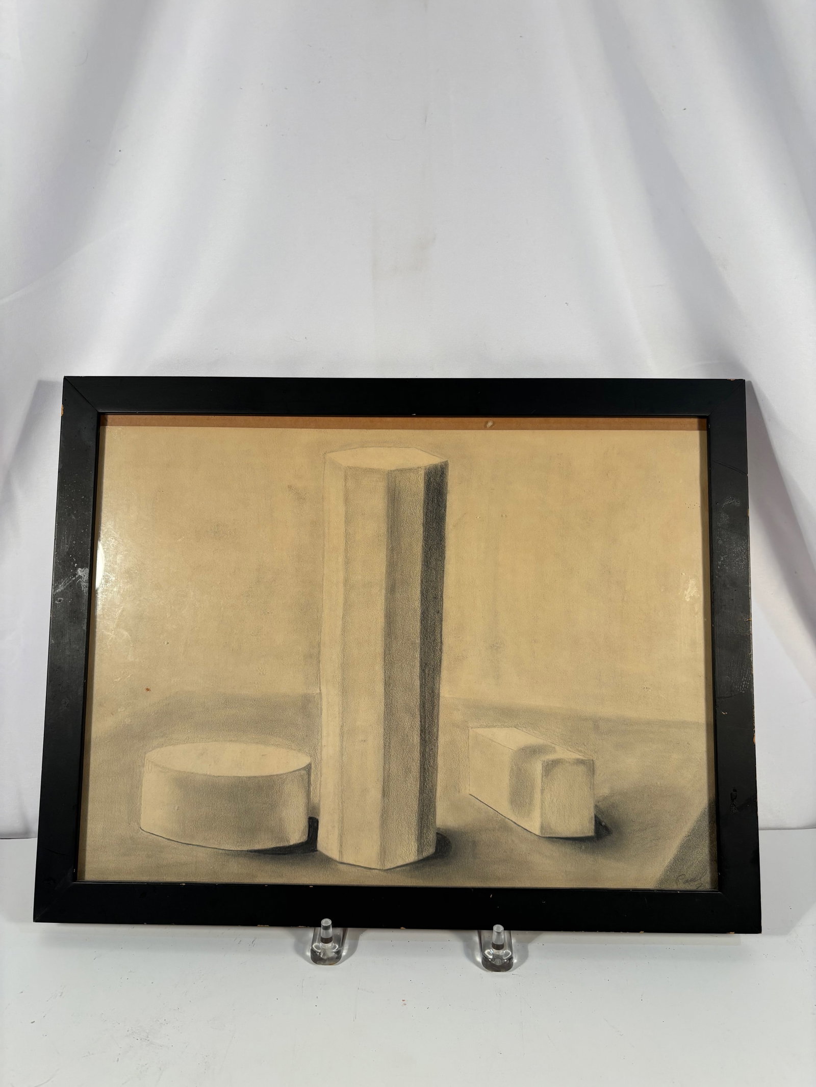 Paul Gallis (1946–2003), Geometric Still Life Study, Graphite/Ink on Paper: A finely executed geometric still life study by Paul Gallis (American, 1946–2003), depicting a rectangular prism, cylinder, and cube arranged on a neutral surface. Rendered with careful attention to