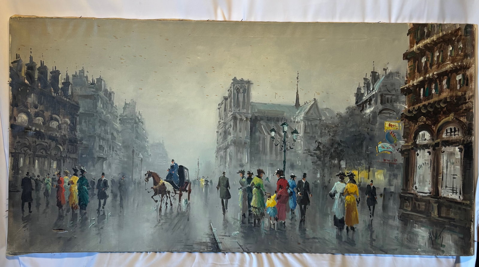 Large Signed Italian Notre Dame Paris Street Scene Oil Painting: Signed Italian oil painting depicting a Parisian street scene with figures, horse carriage, and architectural view of Notre Dame Cathedral rendered in an impressionistic style. Executed with expressiv