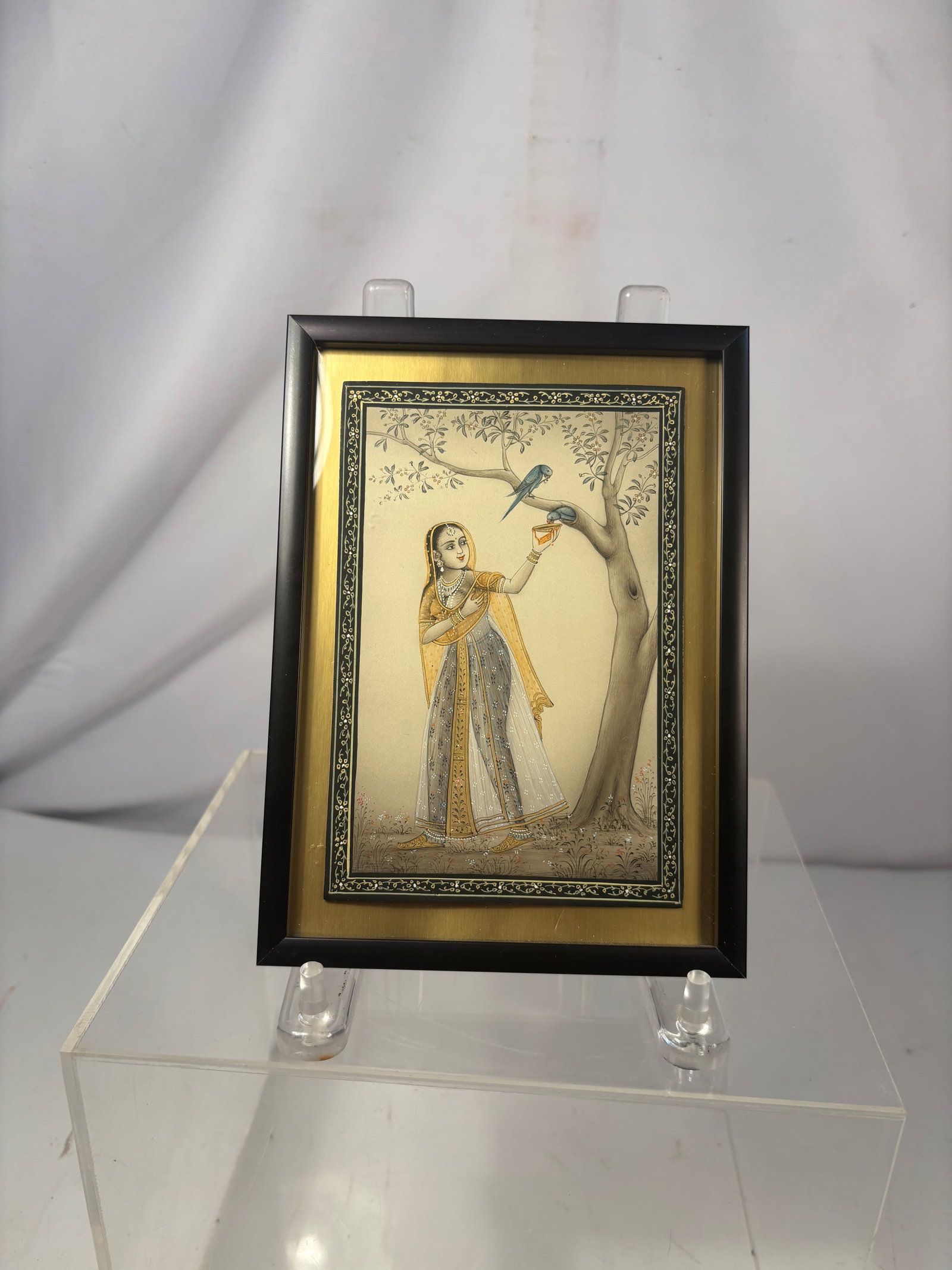 Indian Mughal-Style Miniature Painting of a Lady Feeding Parrots 19th century (1 of 7)