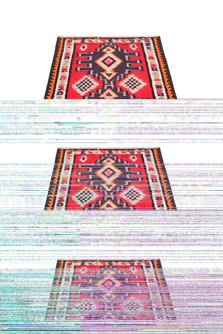 Vintage Turkish Anatolian Handwoven Wool Kilim Runner Rug: A handwoven flat-weave wool kilim runner featuring three large geometric medallions in red, navy blue, ivory, orange, and pale blue, surrounded by multiple traditional geometric borders. Finished with