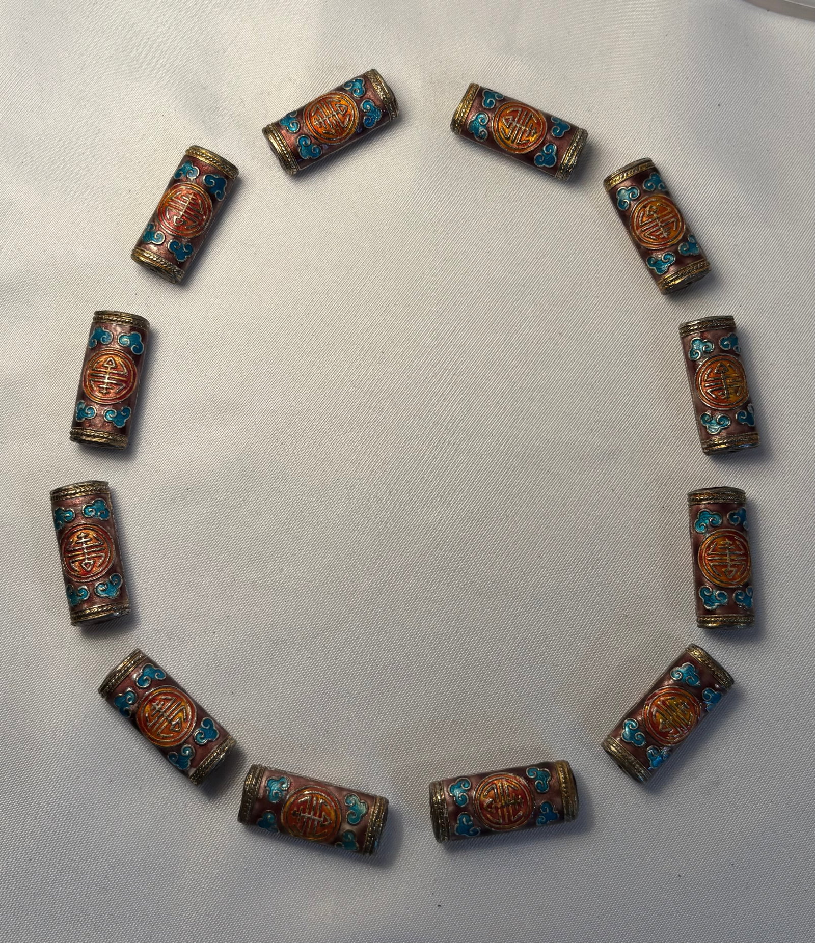 Set of 12 Chinese Cloisonné-Style Enamel “Shou?? Barrel Beads
