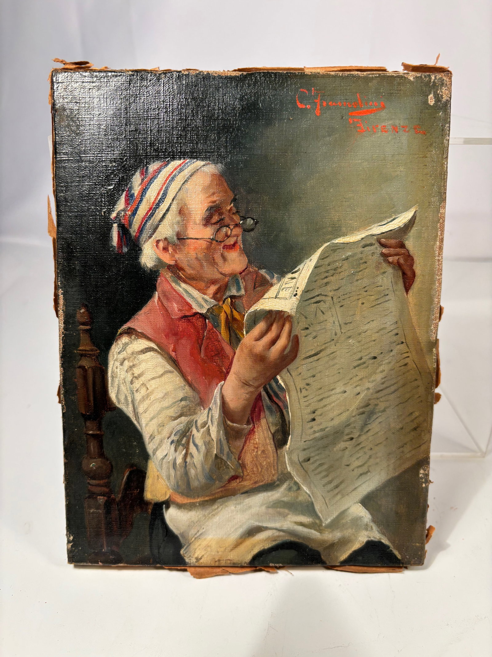 C. Francolini (Italian, 19th Century), Elderly Man Reading a Newspaper, Oil on Canvas: Oil on canvas genre painting depicting an elderly man seated in an interior, absorbed in reading a newspaper. The figure is rendered with expressive character and warm coloration, wearing traditional 