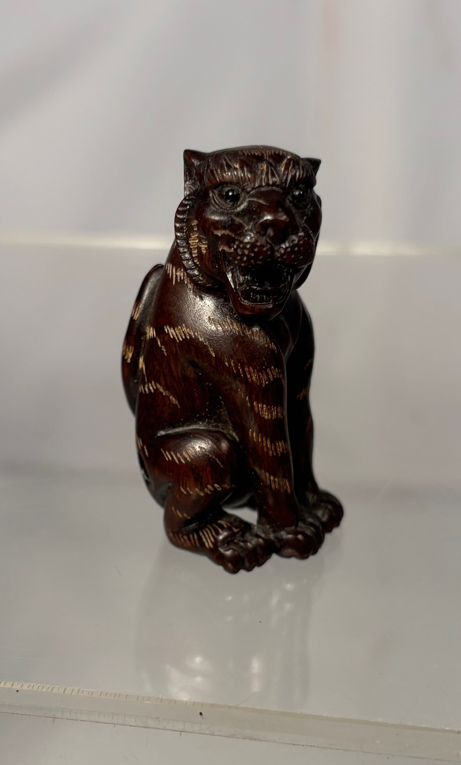 Japanese Wood Netsuke of a Seated Tiger, Signed Ishikawa (1 of 9)