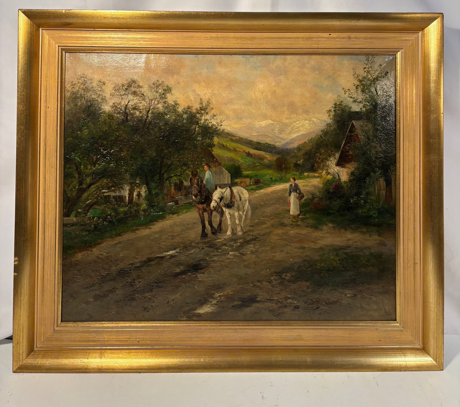 Village Street with Horse-Drawn Wagon (Dorfstraße mit Pferdefuhrwerk) by Emil Barbarini (Austrian, (1 of 11)