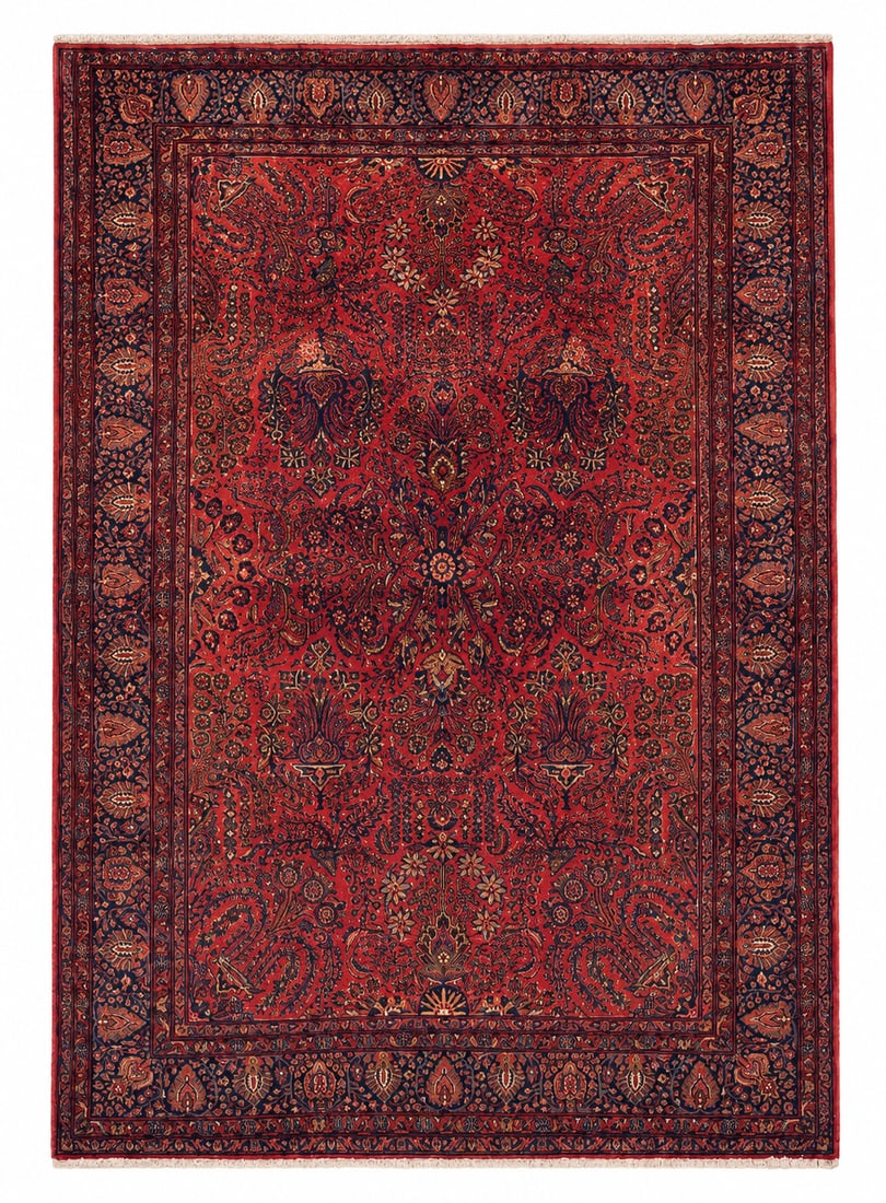 Antique Persian Sarouk Hand-Knotted Wool Carpet, Red Floral Medallion Design, Early 20th Century: An antique Persian Sarouk hand-knotted wool carpet dating to the early 20th century. Featuring a richly saturated red field centered by an elaborate floral medallion and densely decorated with stylize
