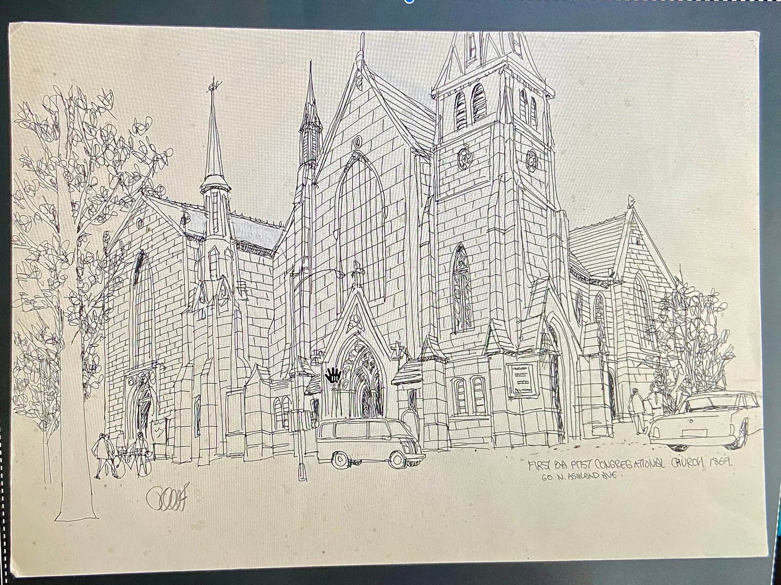 Pen-and-ink architectural Sketch " First Baptist Congregational Church" Chicago. IL USA signed by: William Orlandorf (American, 1924-1996), was a lifelong Chicago resident and world recognized artist sketched and painted Chicago and the cities of Europe for over 30 years. Bill's style is neo-impres