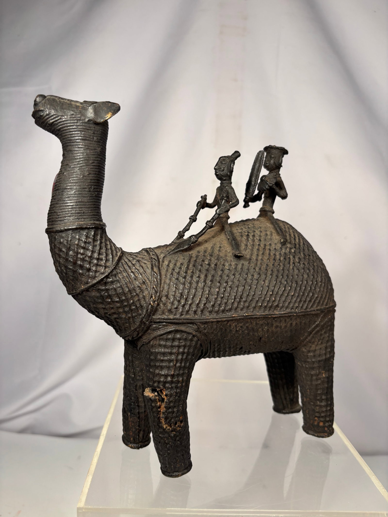 African Lost-Wax Cast Bronze Elephant Sculpture with Two Riders (1 of 14)