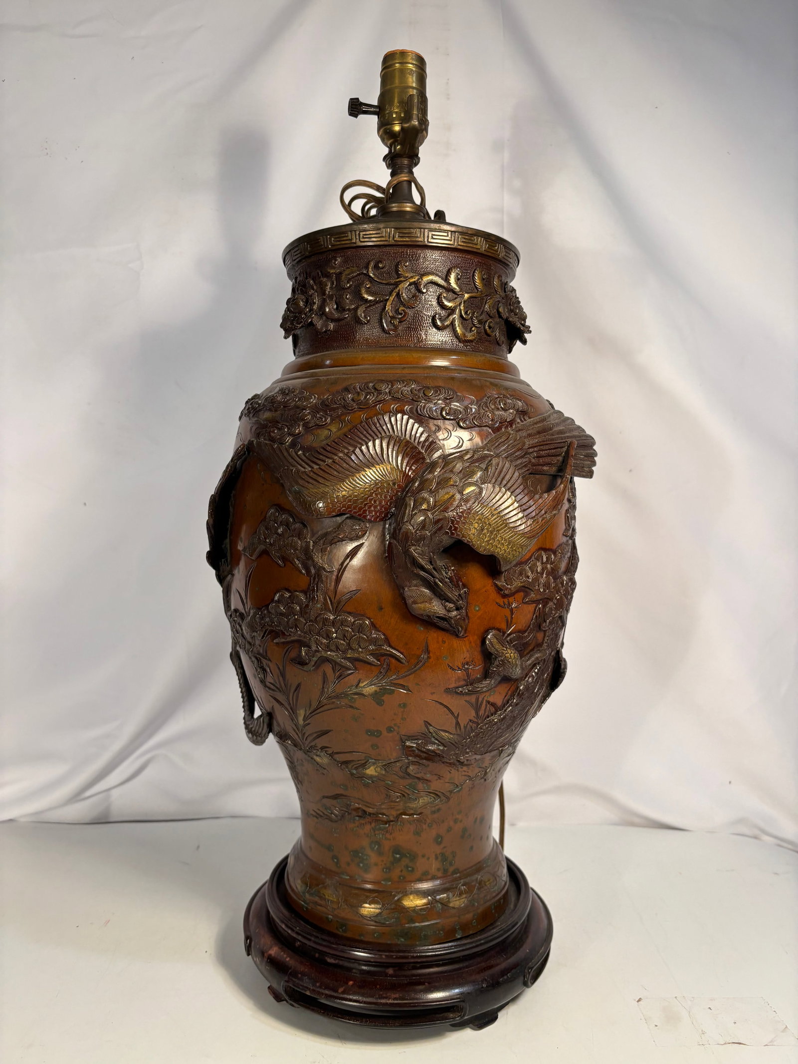 Japanese Mixed-Metal Bronze Vase with Eagle, Waterfall & Floral High-Relief Decoration , Meiji (1 of 20)