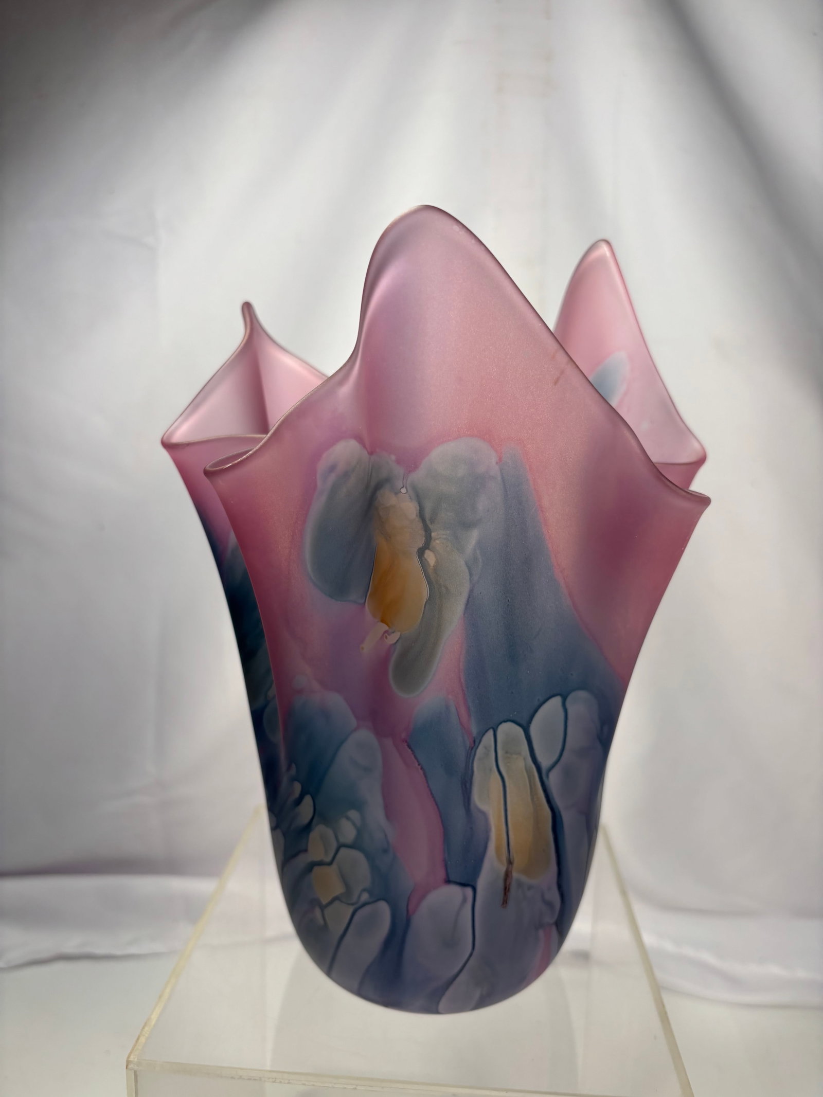 Hand Painted Nouveau Art Glass Pink Satin Ruffled Iris Art Glass Vase: A beautifully hand-painted American art glass vase featuring a soft pink satin finish with an elegant ruffled rim. The vase is decorated with a detailed iris floral motif accented with gold highlights
