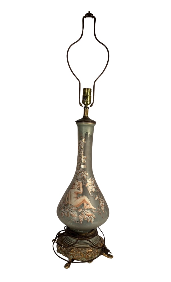 Vintage Hand Painted German Porcelain Cherub Table Lamp, US Zone (1945-1949), Shade included: Beautiful vintage hand-painted porcelain table lamp featuring a seated cherub surrounded by grapevines and foliage on an iridescent green ground. Retains the original “Hand Painted – Made in Germa