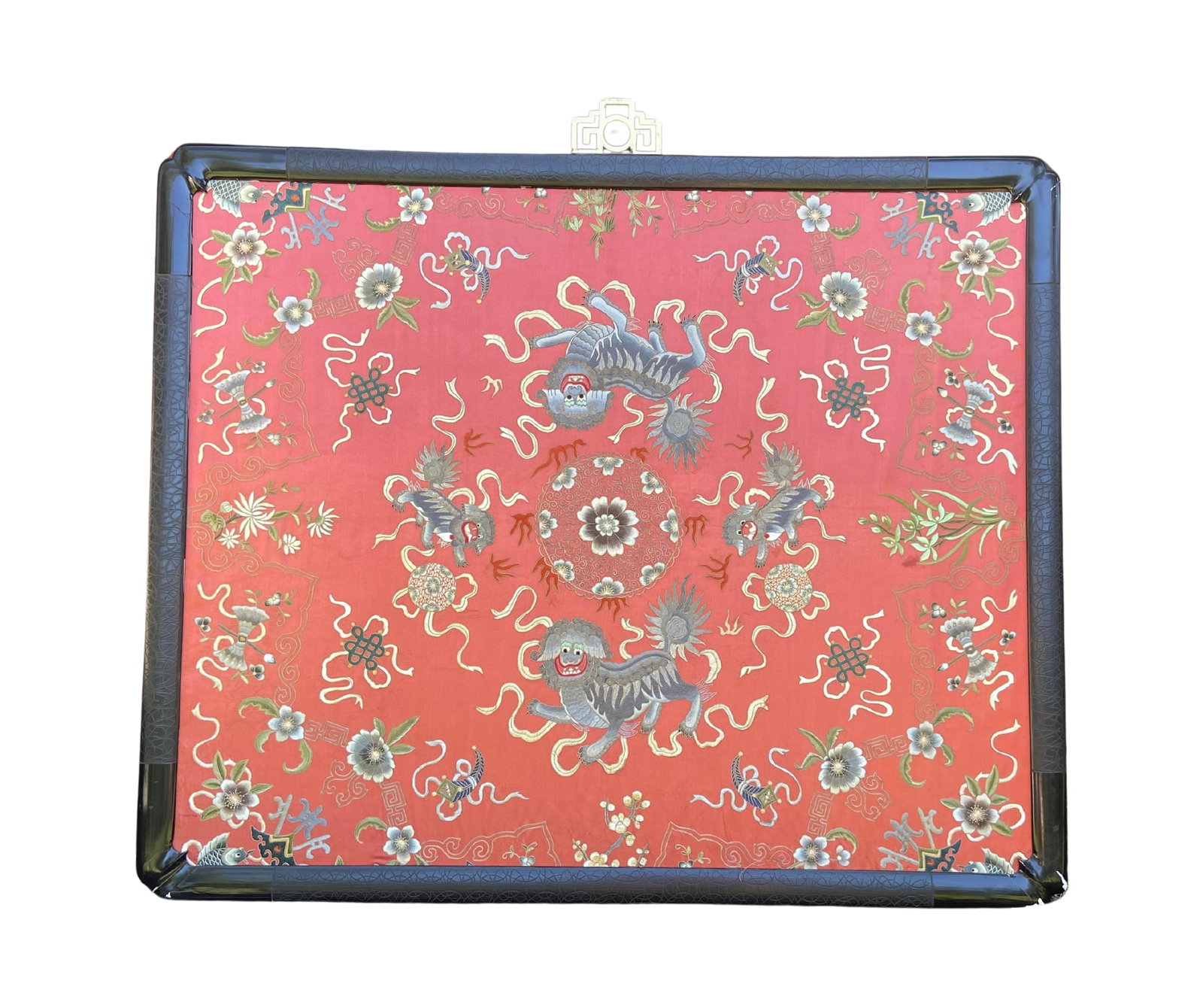 Antique Chinese Embroidered Red Silk “Lions Playing with Brocade Balls?? Panel: An antique Chinese embroidered silk textile panel featuring a vibrant red ground decorated with numerous Buddhist lions playing among brocade balls, endless knots, flowering branches, and scrolling ri