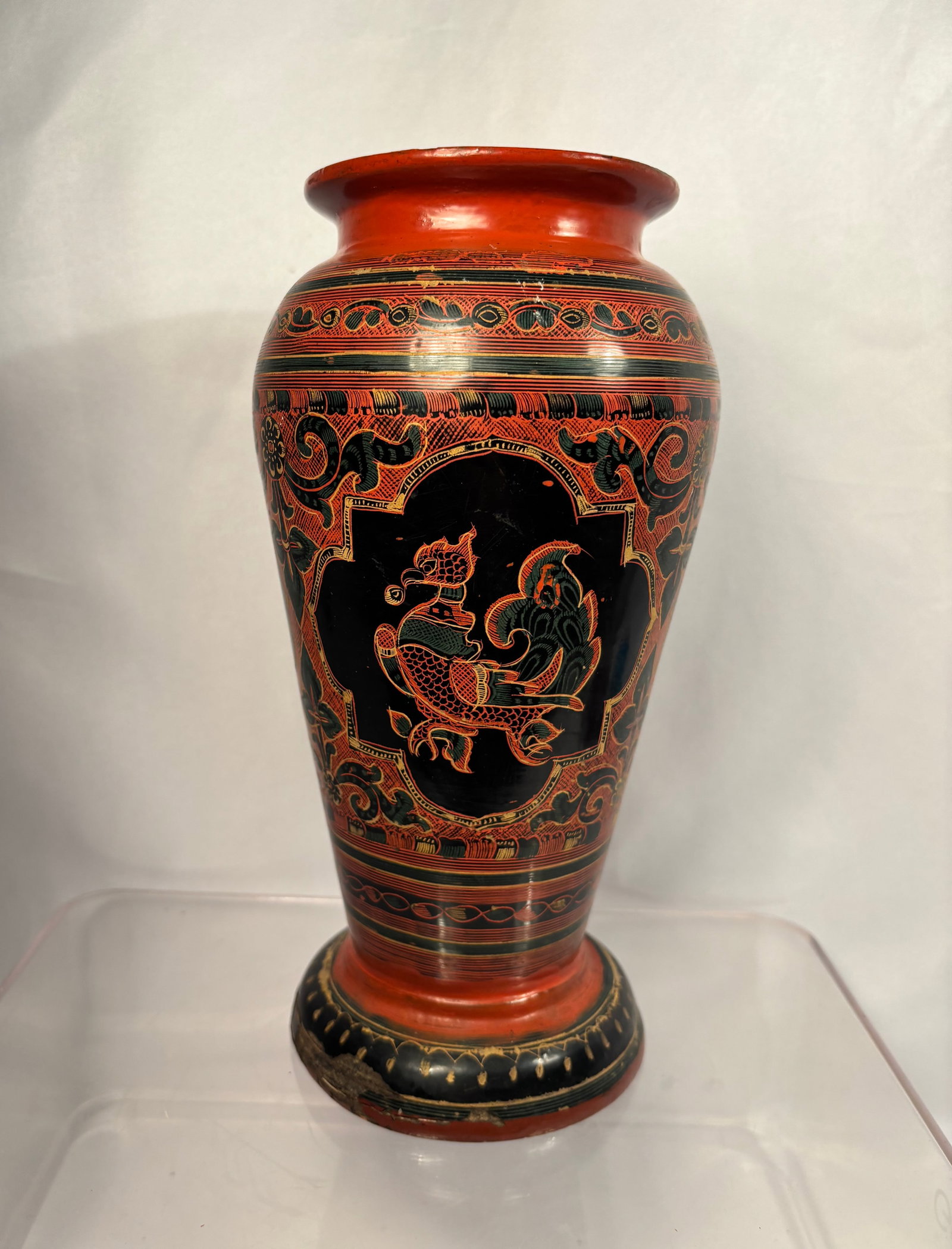 A Burmese Red and Black Lacquerware Vase with Mythical Bird Motif (1 of 6)