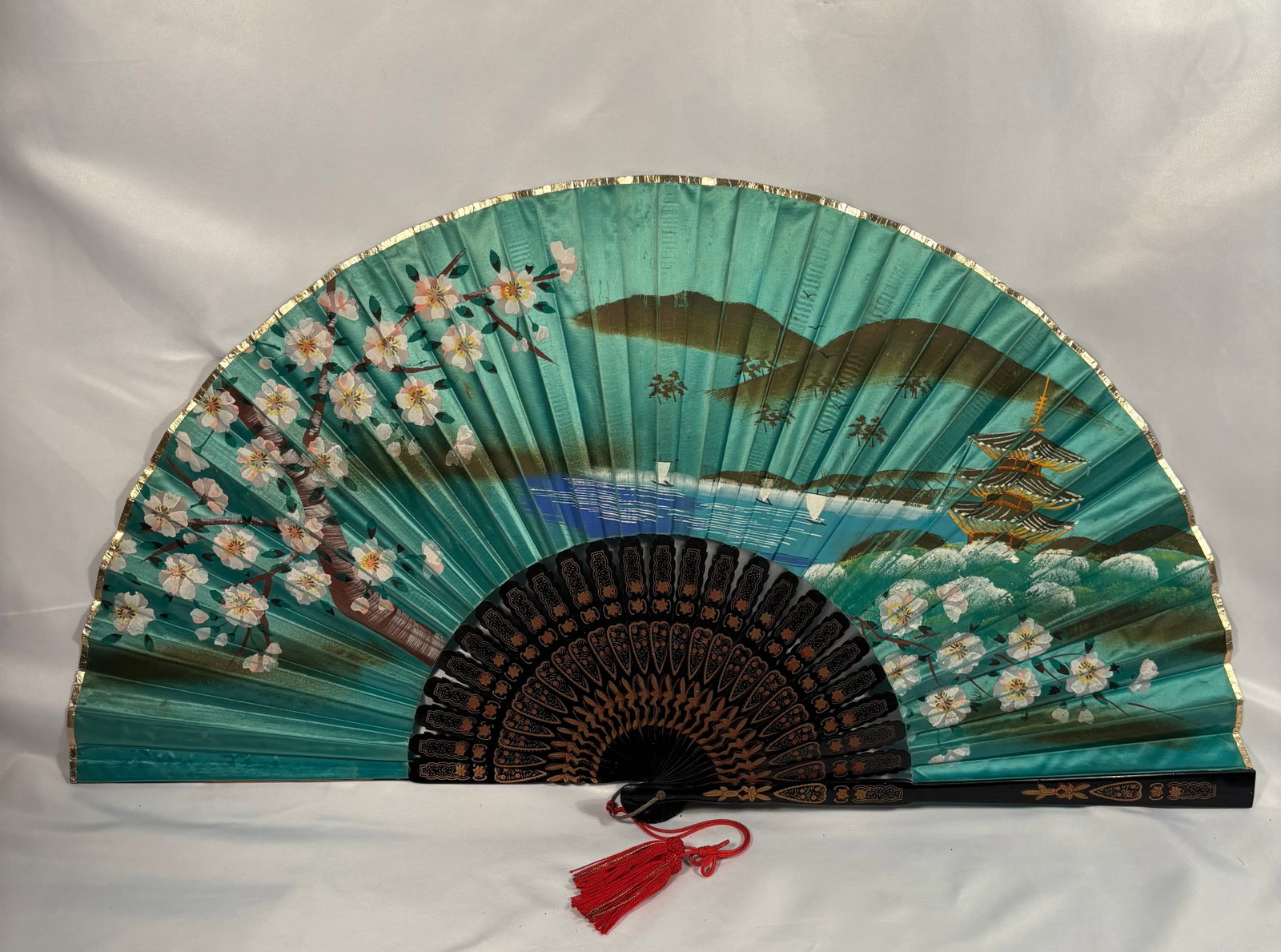 A Japanese Painted Silk Folding Fan with Cherry Blossoms and Pagoda Landscape (1 of 7)
