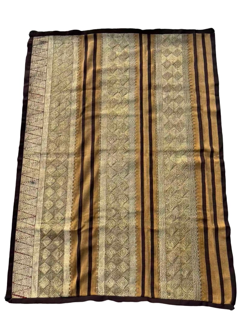 Fine Southeast Asian handwoven Gold Metallic Brocade Textile panel 52 inches x 39 inches: Fine Southeast Asian handwoven brocade panel from Laos or Northern Thailand, featuring alternating horizontal bands of geometric diamond motifs and brown silk stripes woven with metallic gold thread i