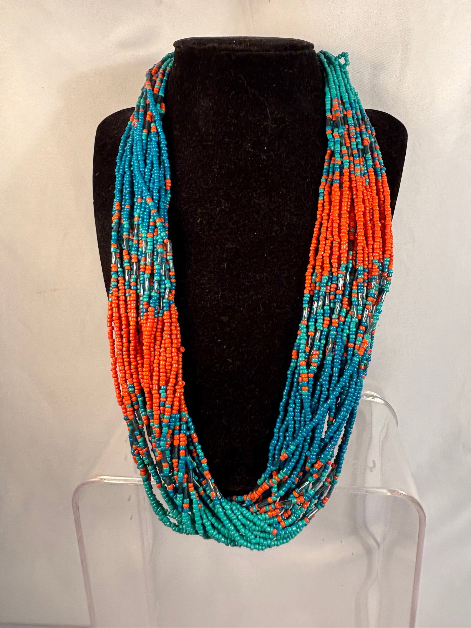 Long Multi-Strand Turquoise-Blue and Orange Seed Bead Necklace