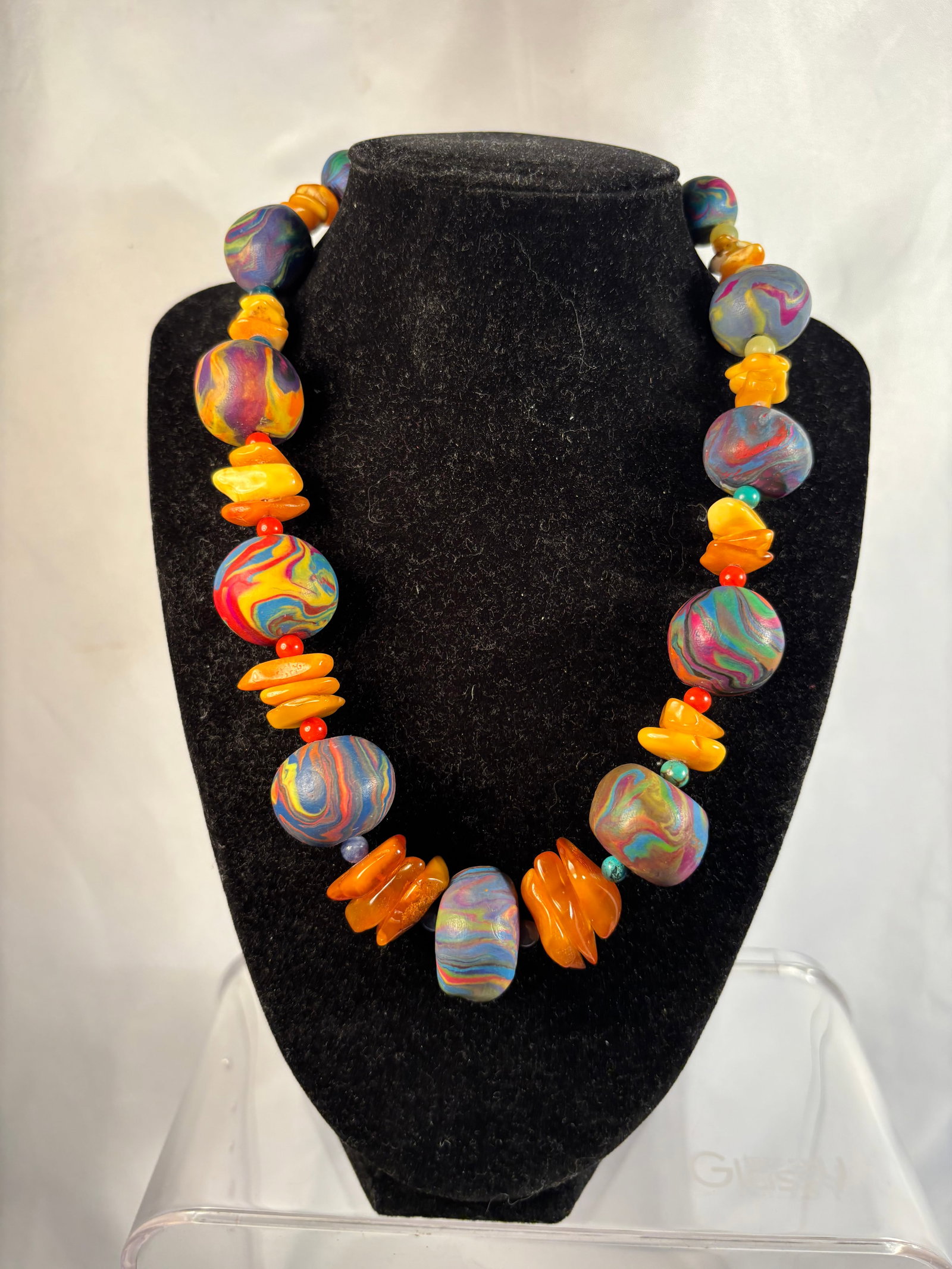 Colorful Marbled Bead Necklace with Butterscotch Amber (1 of 6)