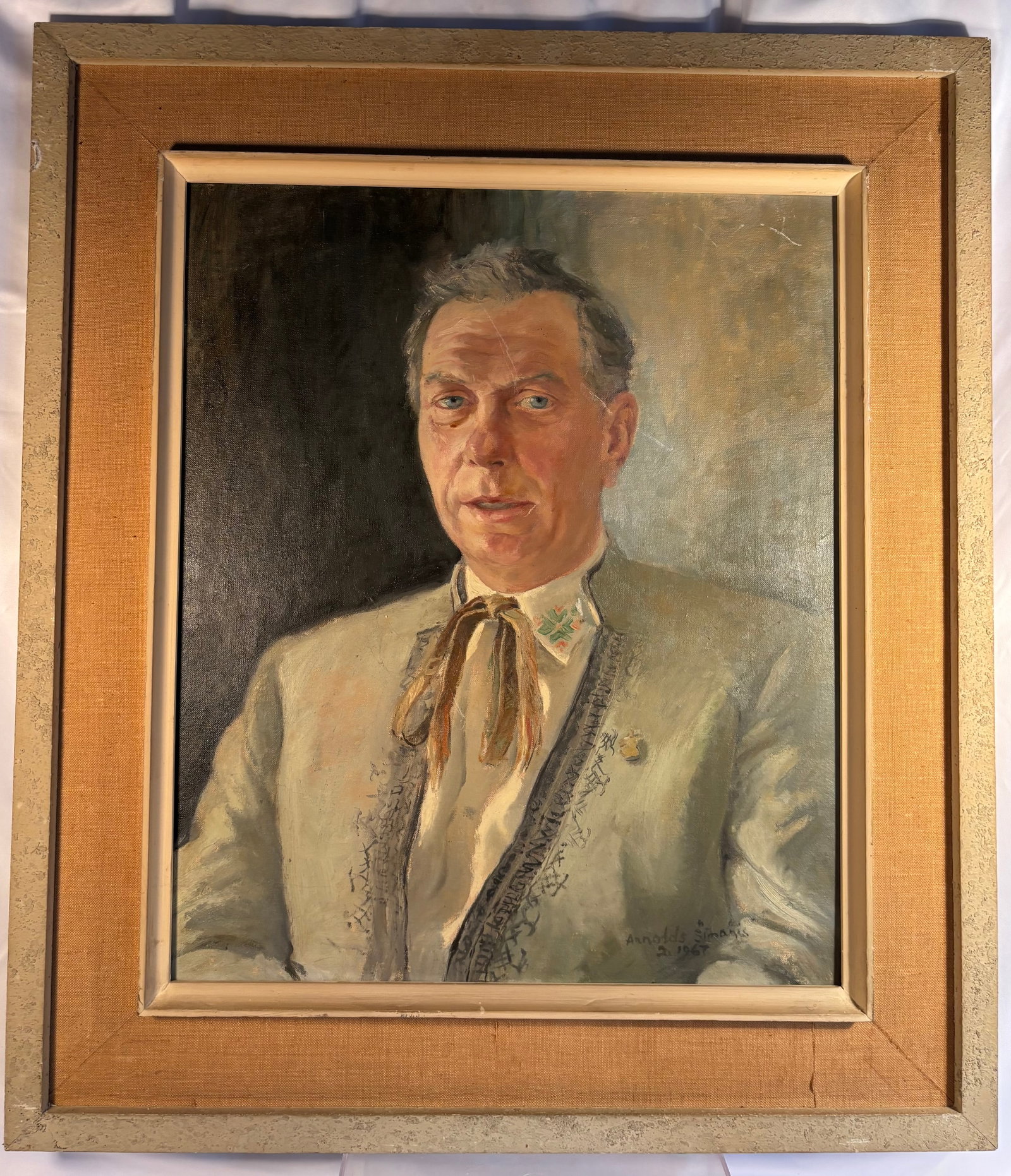 Arnolds Š?manis (Latvian/American, 1913–1972), Male Portrait, 1967, Oil on Canvas: Arnolds Š?manis (Latvian/American, 1913–1972), portrait of a gentleman in traditional-style attire, oil on canvas. The sitter is depicted half-length wearing a pale jacket with decorative trim,