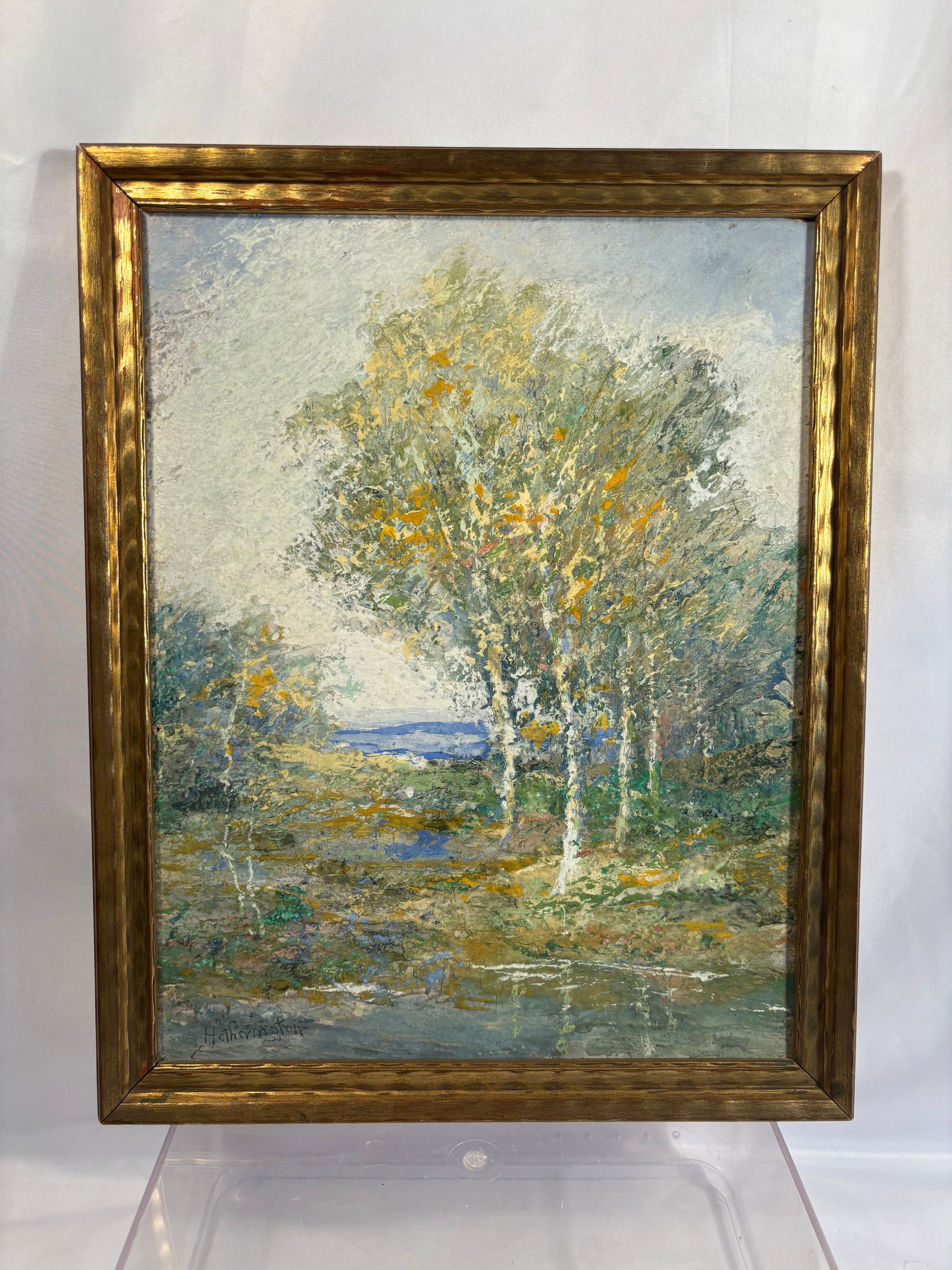 Charles Hetherington (Canadian/American, 1855–1938), Impressionist Birch Landscape, Oil on Canvas: An atmospheric Impressionist landscape attributed to Charles Hetherington (1855–1938), depicting a tranquil wooded setting with a prominent grouping of slender birch trees beside a body of water. Ex