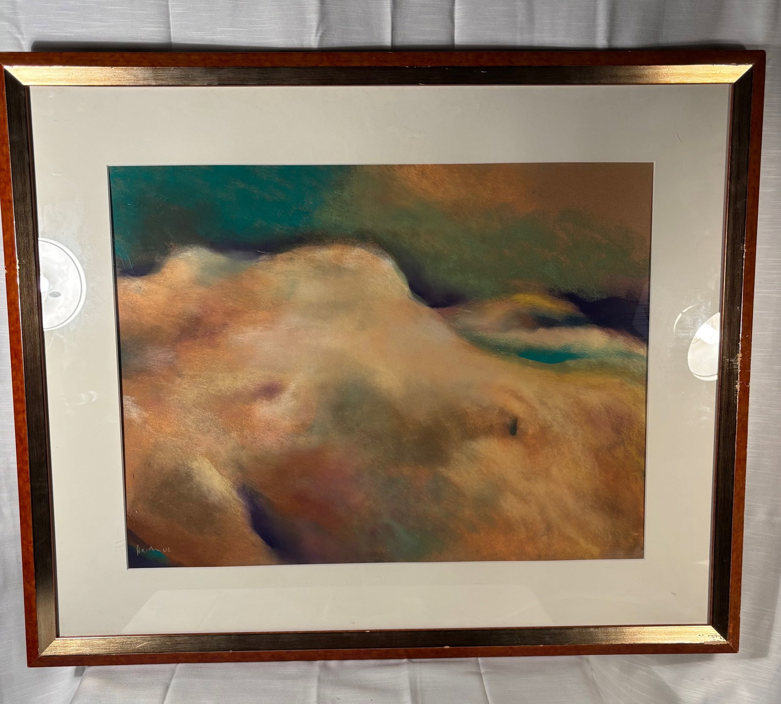 Signed Contemporary Abstract Atmospheric Landscape, “Indiana Dunes: Signed pastel landscape titled “Indiana Dunes,” depicting the atmospheric rolling sands and luminous shoreline ambiance of Indiana Dunes.Rendered in velvety blended pastel tones, the compositi