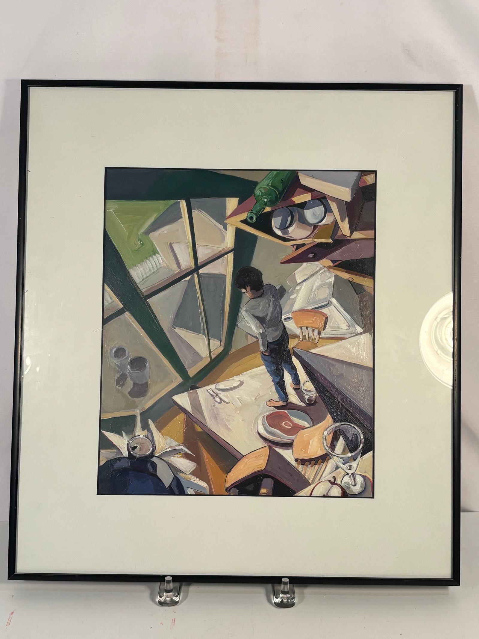 Eric Masi (American, Chicago) Oil on Canvas, “Bad Meal: Original oil painting by Eric Masi, titled Bad Meal, depicting a psychologically charged interior dining scene with angular tabletops, glassware, bottles, food elements, and a solitary standing figure