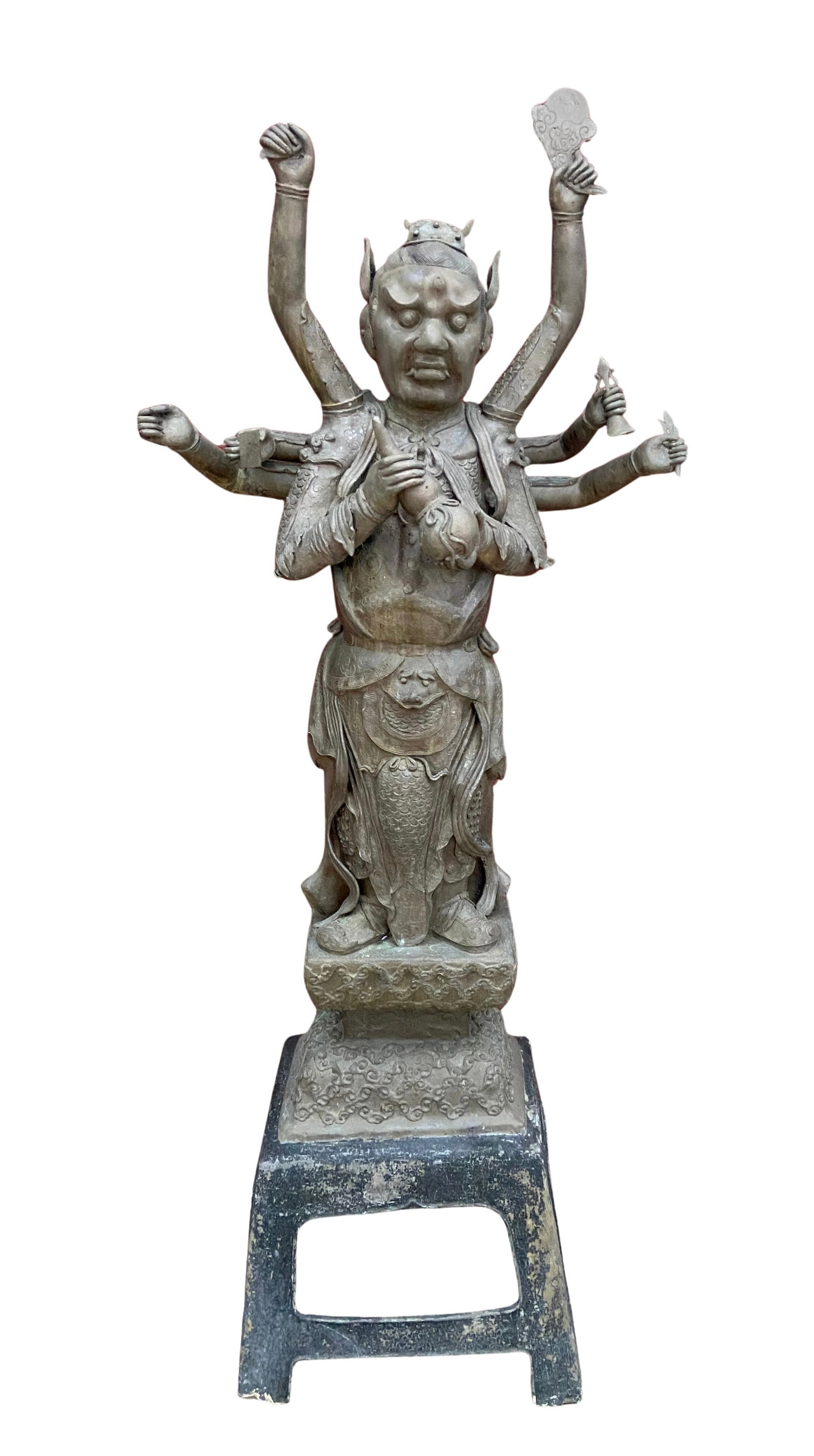 A Large Chinese Bronze Figure of Buddhist Temple Guardian: Chinese bronze figure depicting Weituo (Skanda), the Buddhist temple guardian. The standing figure is shown wearing traditional armor with detailed drapery and warrior attire, standing on a rectangula