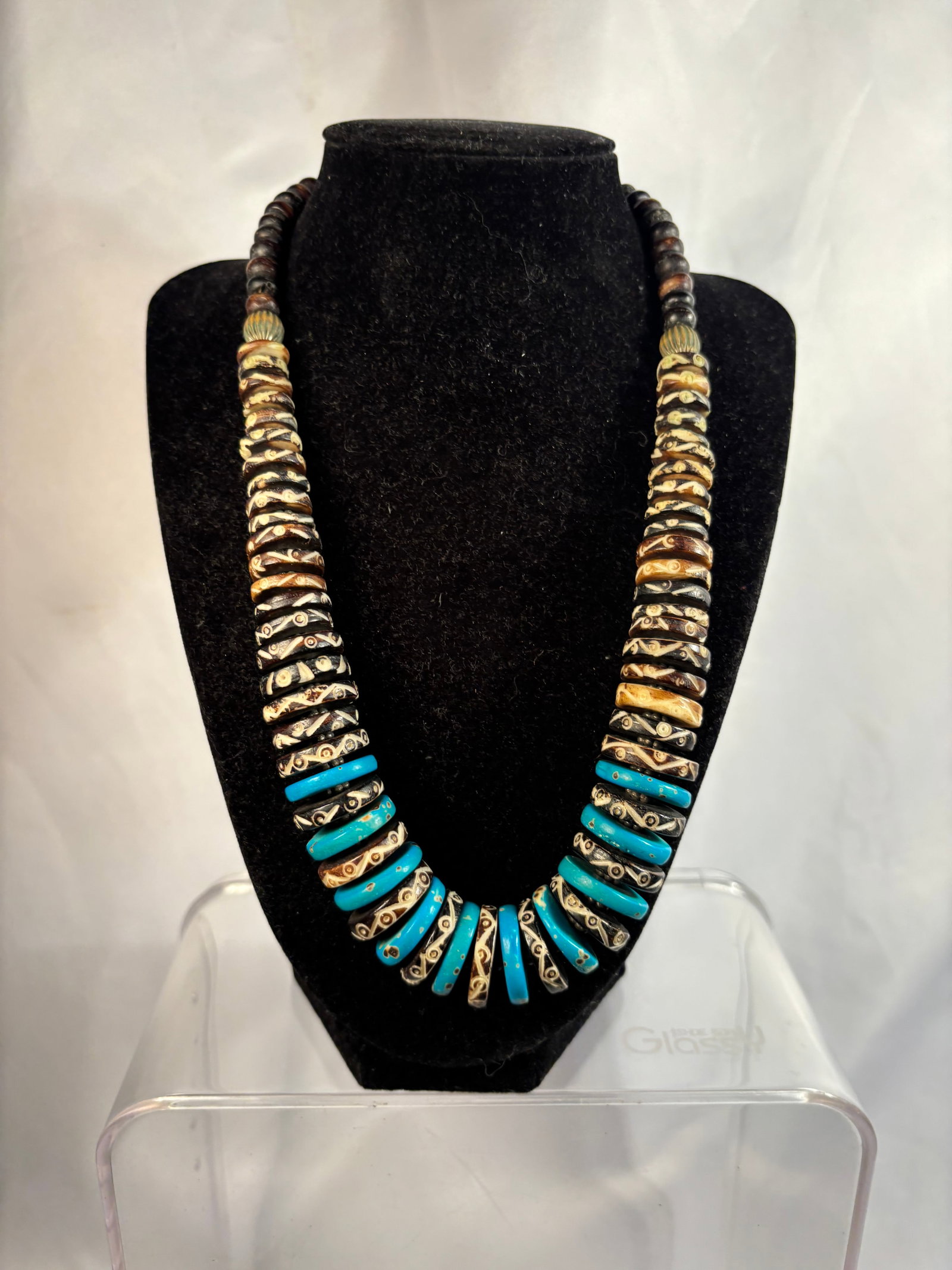 Tribal-Style Turquoise-Colored and Carved Bead Necklace (1 of 6)