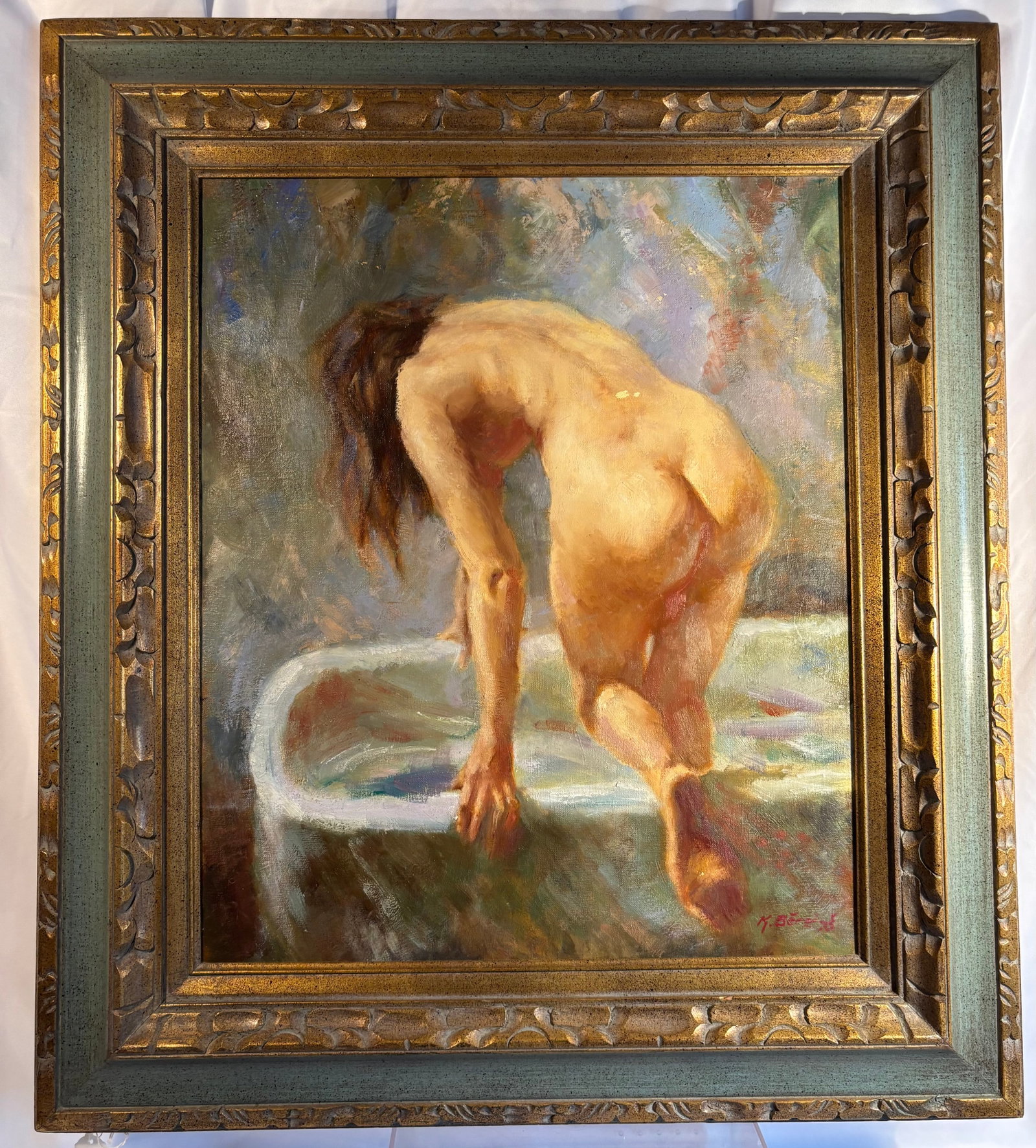 Signed Figurative Oil on Canvas, Female Nude at Bath: An oil on canvas depicting a female nude stepping into or out of a bath, rendered in a loose impressionistic manner with warm flesh tones against a softly painted blue-green interior. Signed in red at