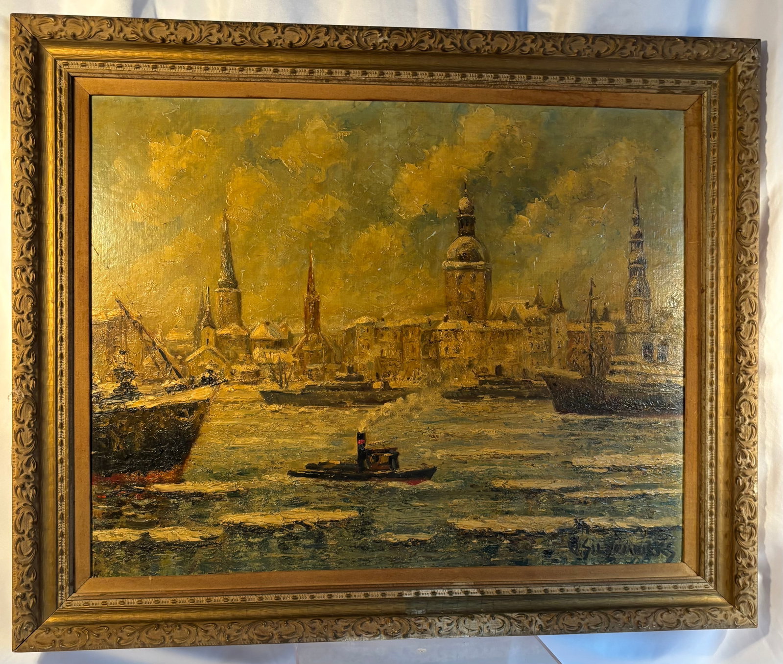 Alberts Silzemnieks (Latvian, 1894–1941), Riga Harbor / View of Riga: An atmospheric oil painting depicting a panoramic view of Riga, Latvia, viewed across the Daugava River. The composition features the historic city skyline with prominent church spires and architectur