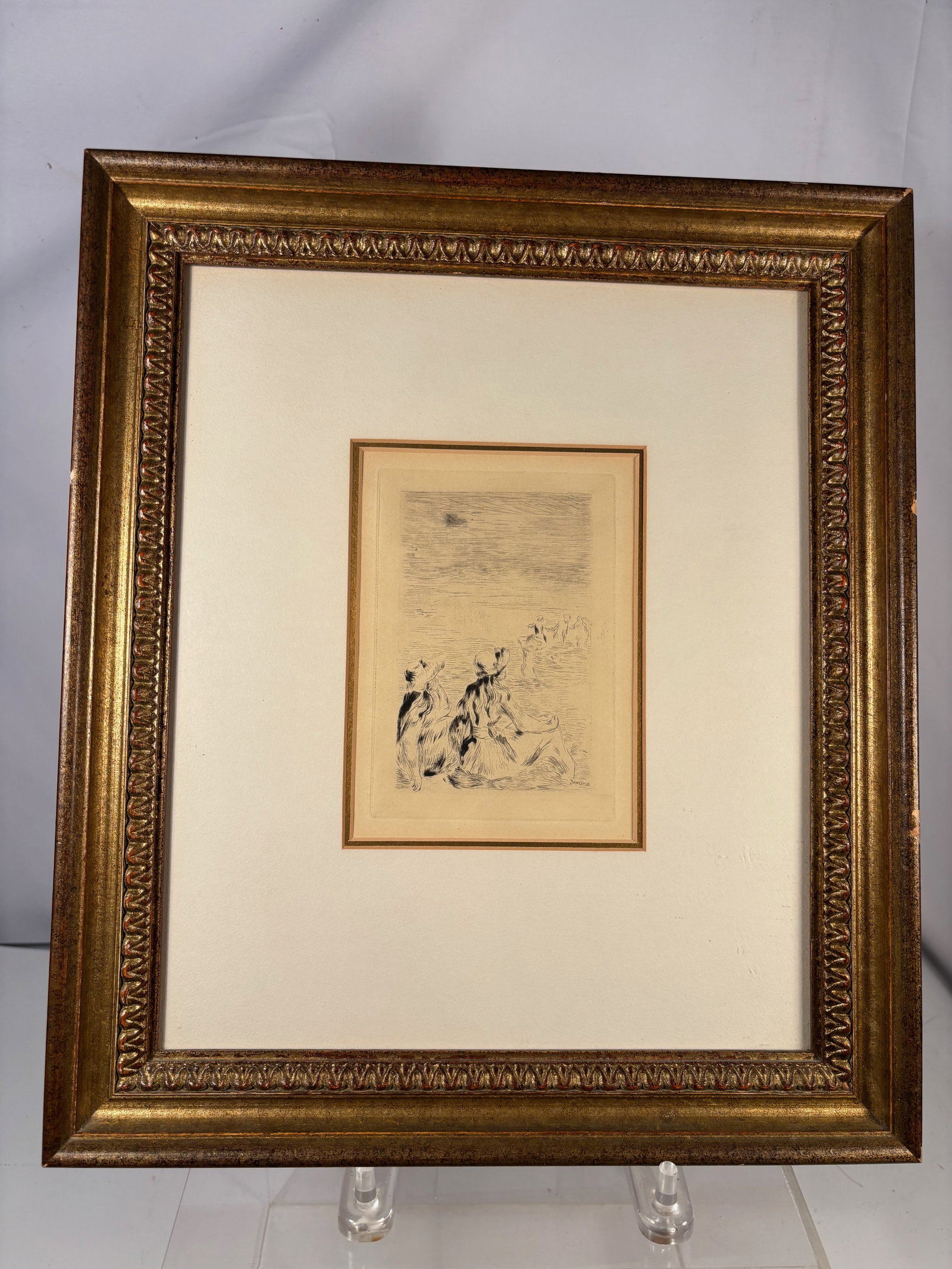 Pierre-Auguste Renoir; “Sur la plage, à Berneval?? Etching, 1892 (Delteil 5); later impression: Etching on paper depicting two seated women observing bathers along the shoreline, titled Sur la plage, à Berneval. The composition was created in 1892 by Pierre-Auguste Renoir and is catalogued as D