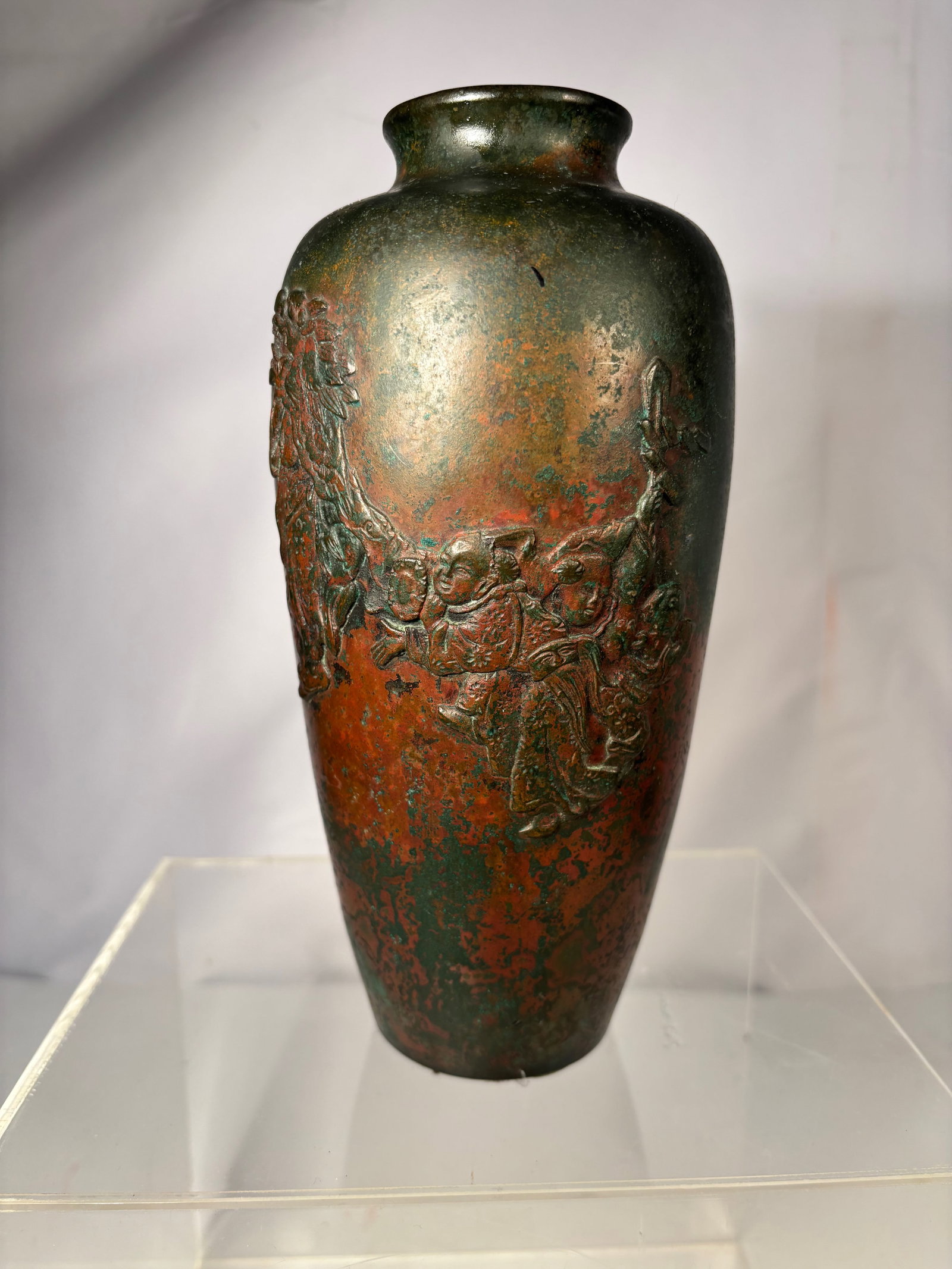A Japanese Bronze Vase with High Relief Figural Decoration and Mottled Patina (1 of 11)