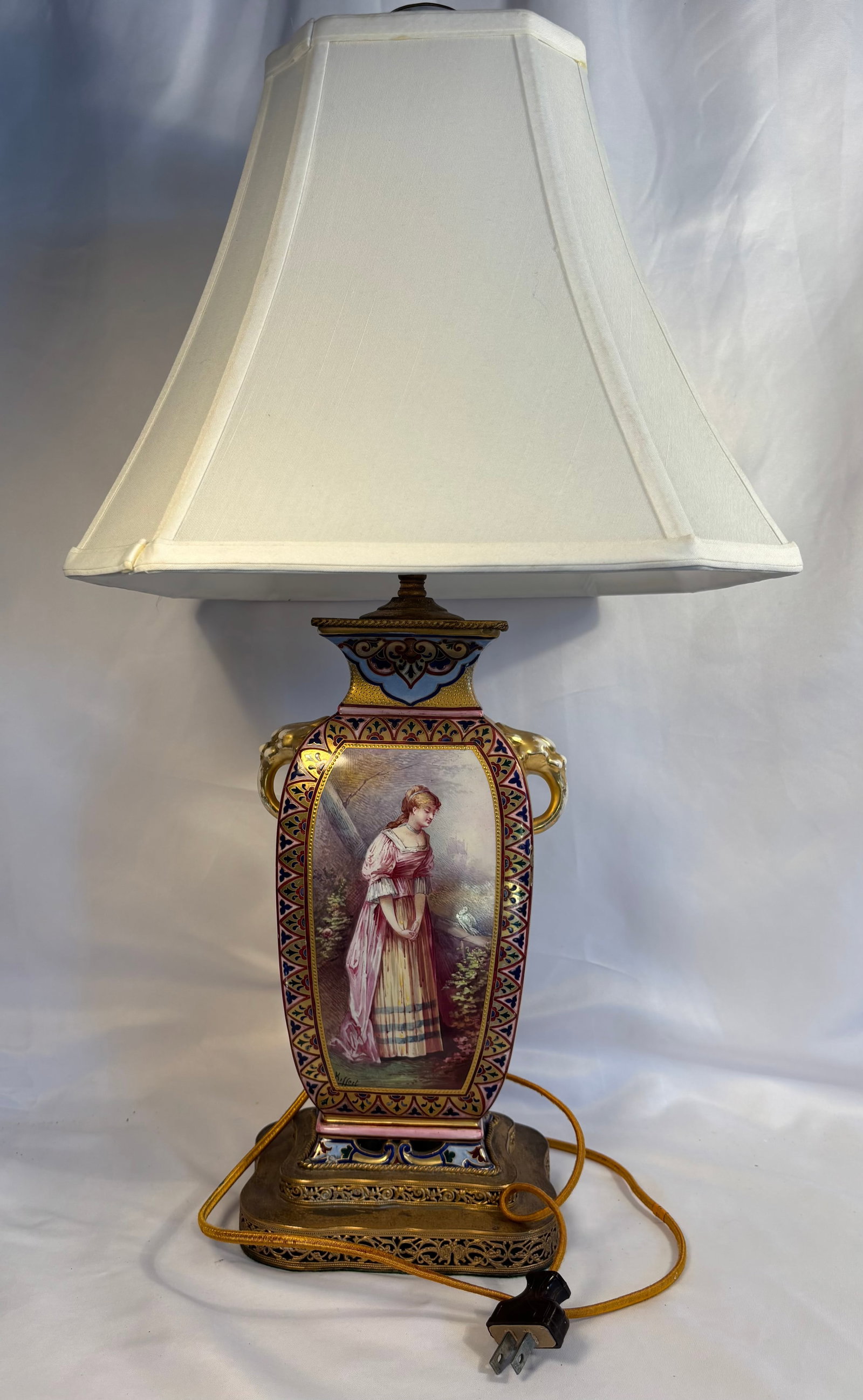 French Sèvres-Style Hand-Painted Porcelain and Gilt-Bronze Table Lamp with Maiden and Swan Scene (1 of 10)