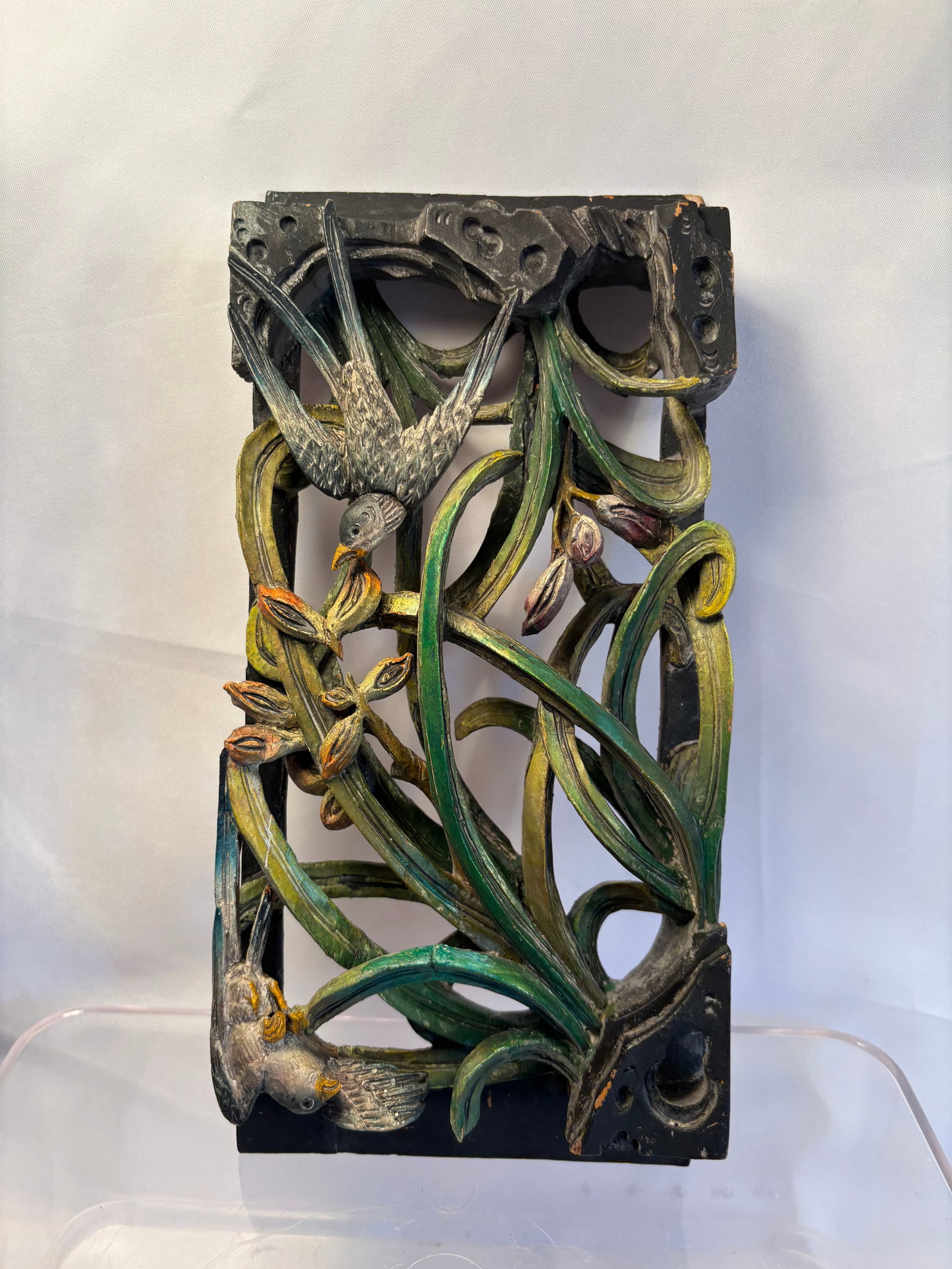 Antique Chinese Polychrome and Gilt Openwork Wood Panel with Birds and Lotus, circa 1880–1930. (1 of 8)