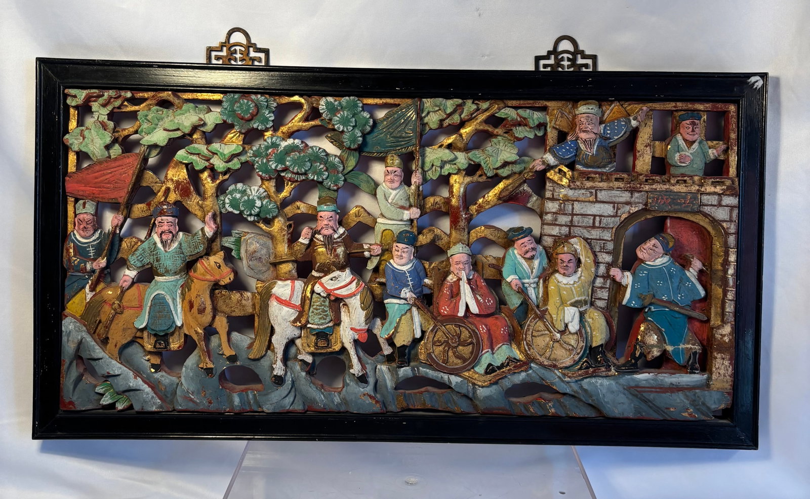 Antique Chinese Polychrome and Gilt Carved Wood Battle-Scene Architectural Panel, circa 1880–1930. (1 of 6)