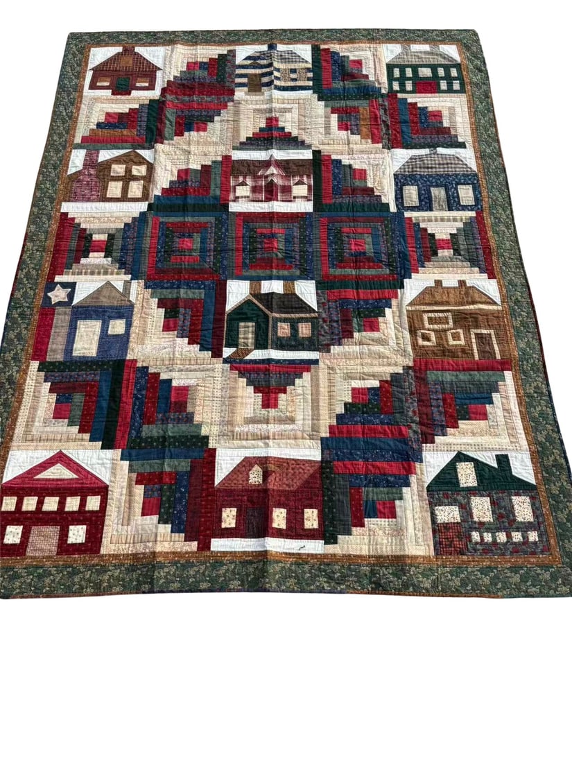Handmade “Log Cabin with Houses" Patchwork Quilt, Americana Design: A beautifully composed handmade American quilt combining the classic Log Cabin block with pictorial House motifs in a charming village pattern. Constructed from a mix of patterned and solid cotton fab