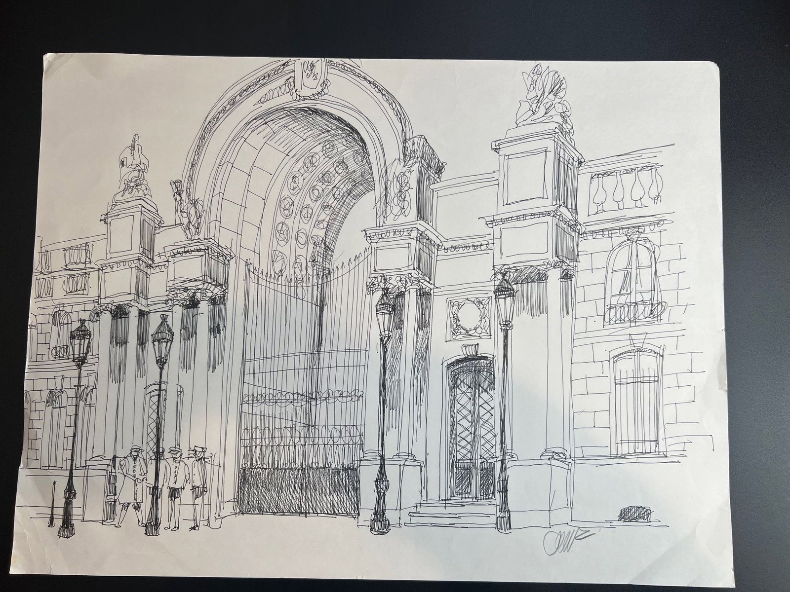 Pen-and-ink architectural Sketch " Palace of President " in Paris signed by William Orlandorf: William Orlandorf (American, 1924-1996), was a lifelong Chicago resident and world recognized artist sketched and painted Chicago and the cities of Europe for over 30 years. Bill's style is neo-impres