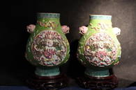 pair antique Chinese hand carved porcelain vases