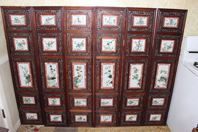 antique chinese porcelain with wood carved screen