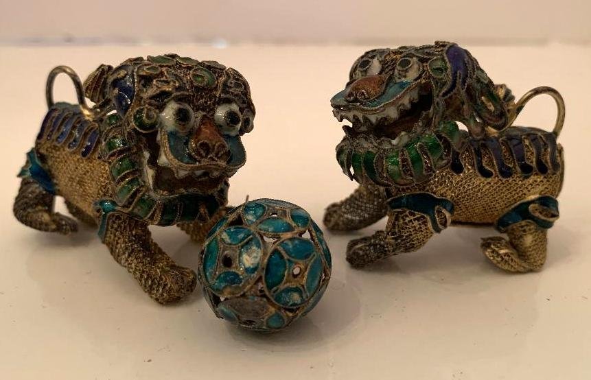 Pair Silver Enamel Asian Foo Dogs (1 of 4)