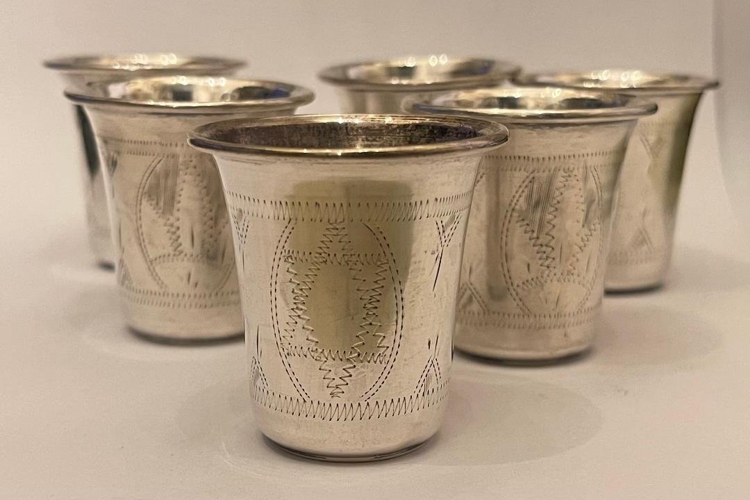 Antique Russian Sterling Silver 84 Engraved Kiddush Vodka Shot Cups Hallmarked Set of 6 (1 of 2)