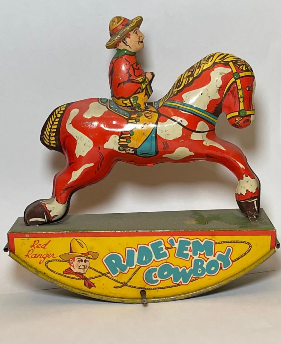 RARE RED RANGER RIDE ‘EM COWBOY TIN LITHOGRAPHED WIND UPTOY BY WYANDOTTE: Rare Red Ranger Ride ‘em Cowboy Tin Lithographed Wind Up Toy By WYANDOTTE Made In The USA