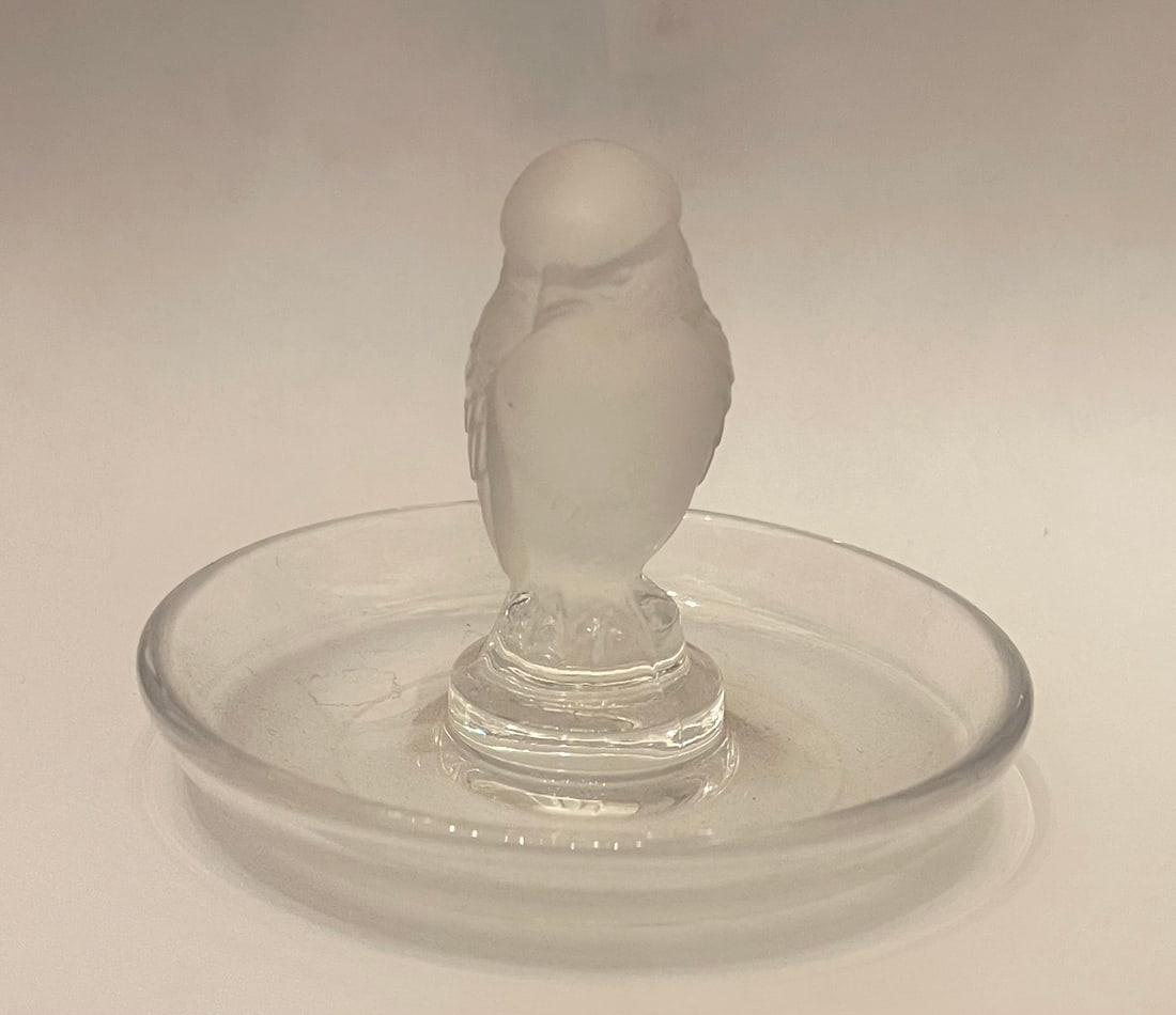 Signed Lalique France Crystal Owl Trinket Ring Dish Bowl (1 of 3)