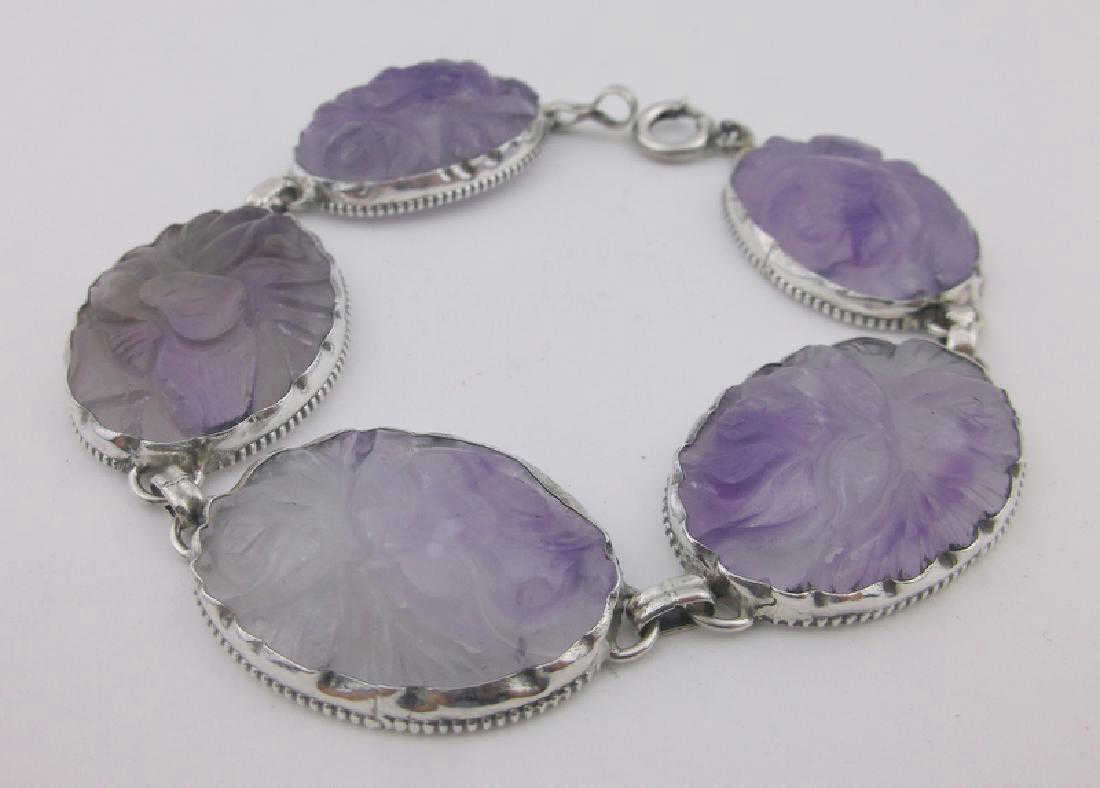 Stunning Antique Sterling Purple Jade Bracelet 8"