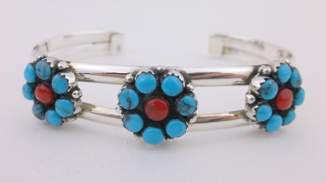 Stunning Sterling Turquoise Red Coral Cuff Bracelet (1 of 3)